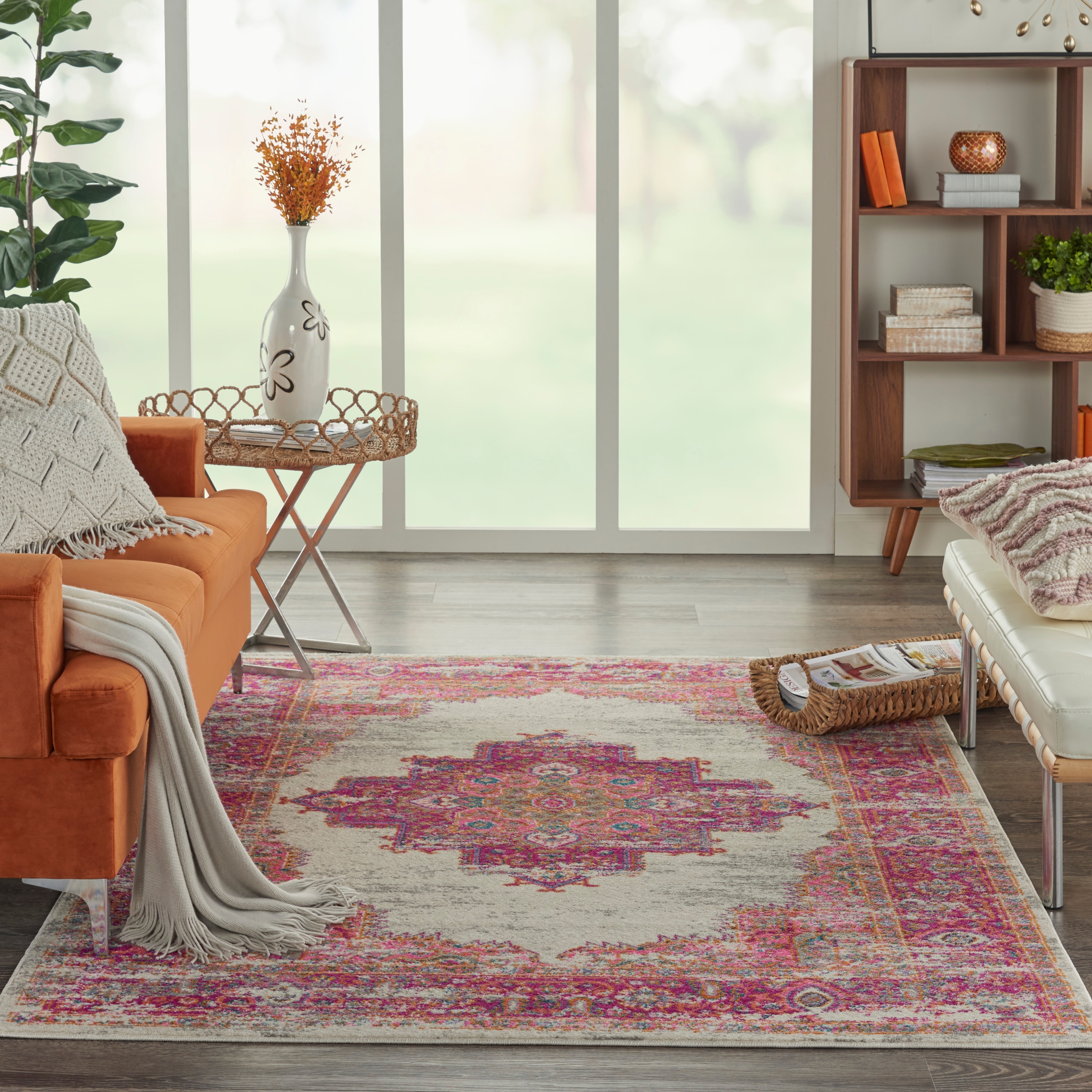 Nourison 99446388162 Passion 4 x 6 (ft) Loomed Polypropylene Ivory/fuchsia Rectangular Indoor Abstract Area rug