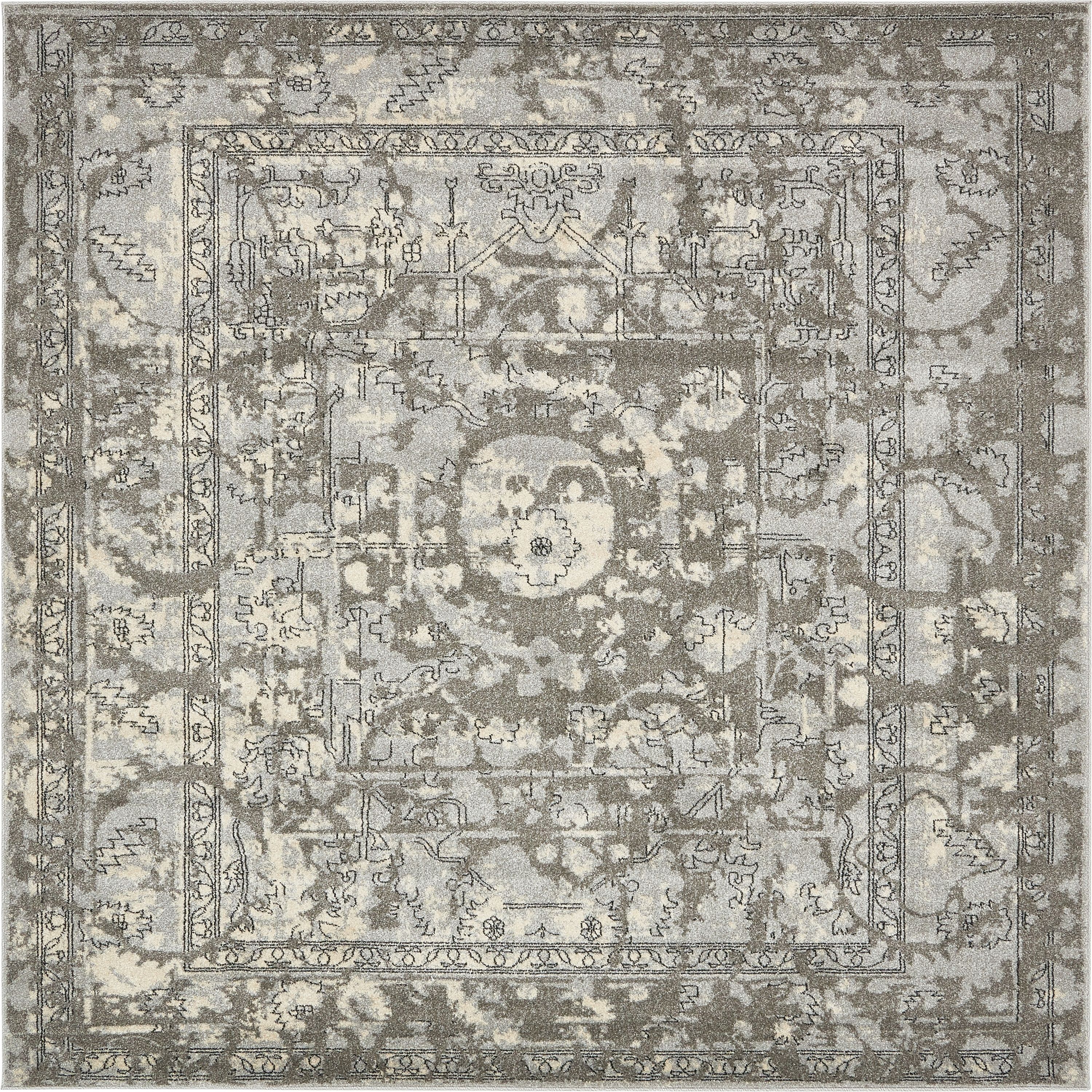 Unique Loom 3129473 Vintage La Jolla 8 x 8 (ft) Loomed Polypropylene Gray/Silver Square Indoor Border Vintage Area rug