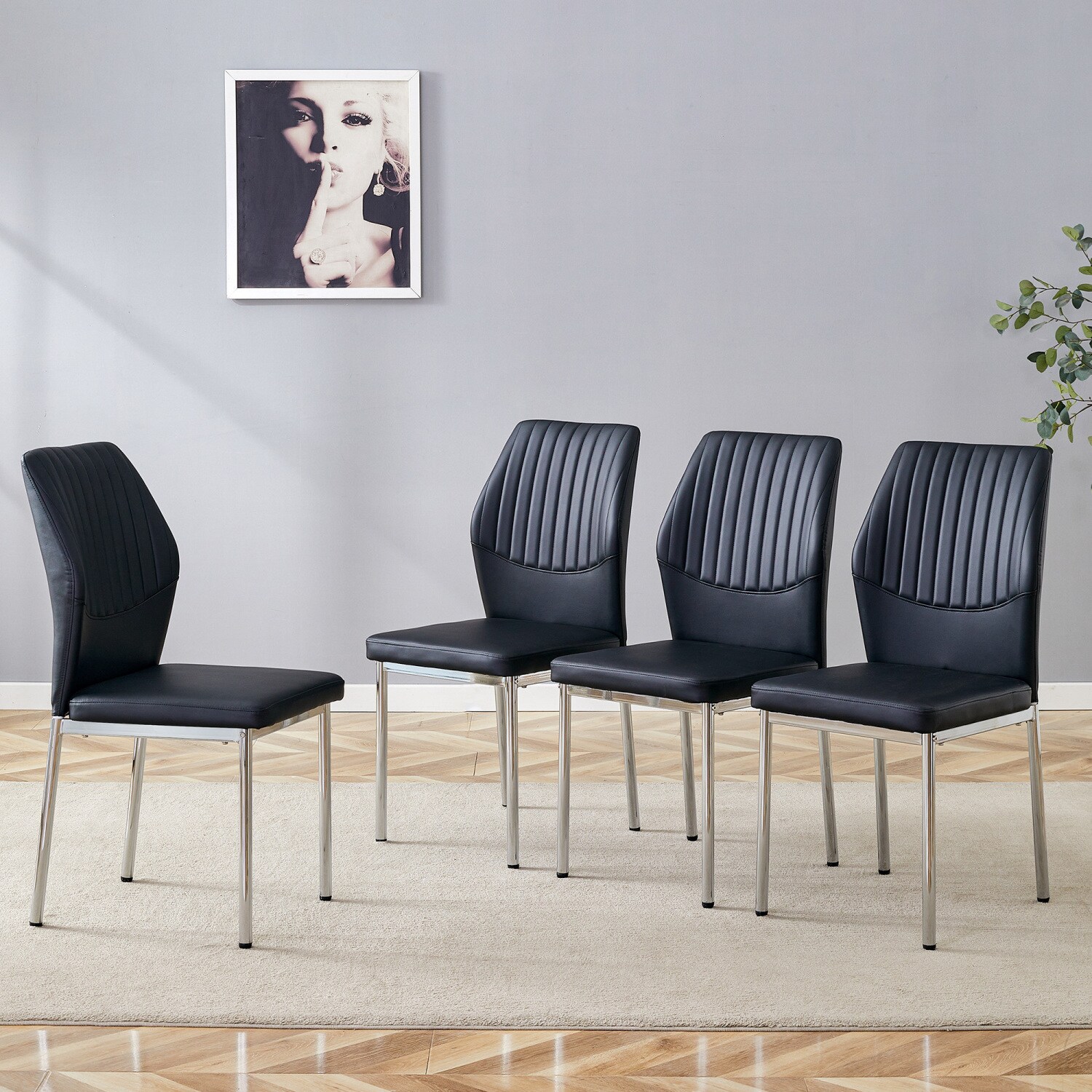 Streamdale Furniture Luxury Black PU Dining Chairs - Silver Legs (Set of 4) Leather | W1151P282690