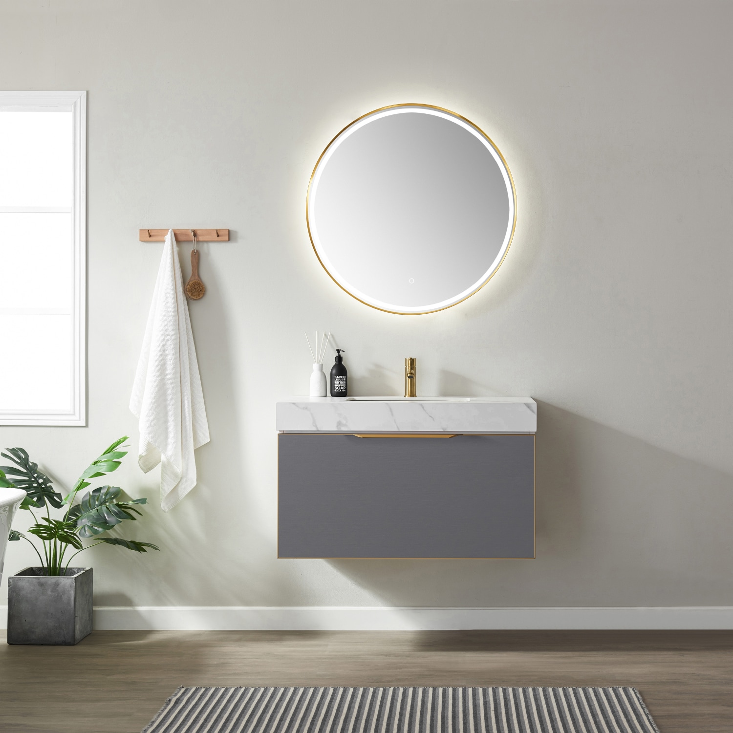 Vinnova 701436-MG-SMB Alicante 36-in Elegant Gray Undermount Single sink Floating Bathroom Vanity with White Engineered stone Top (Mirror Included)
