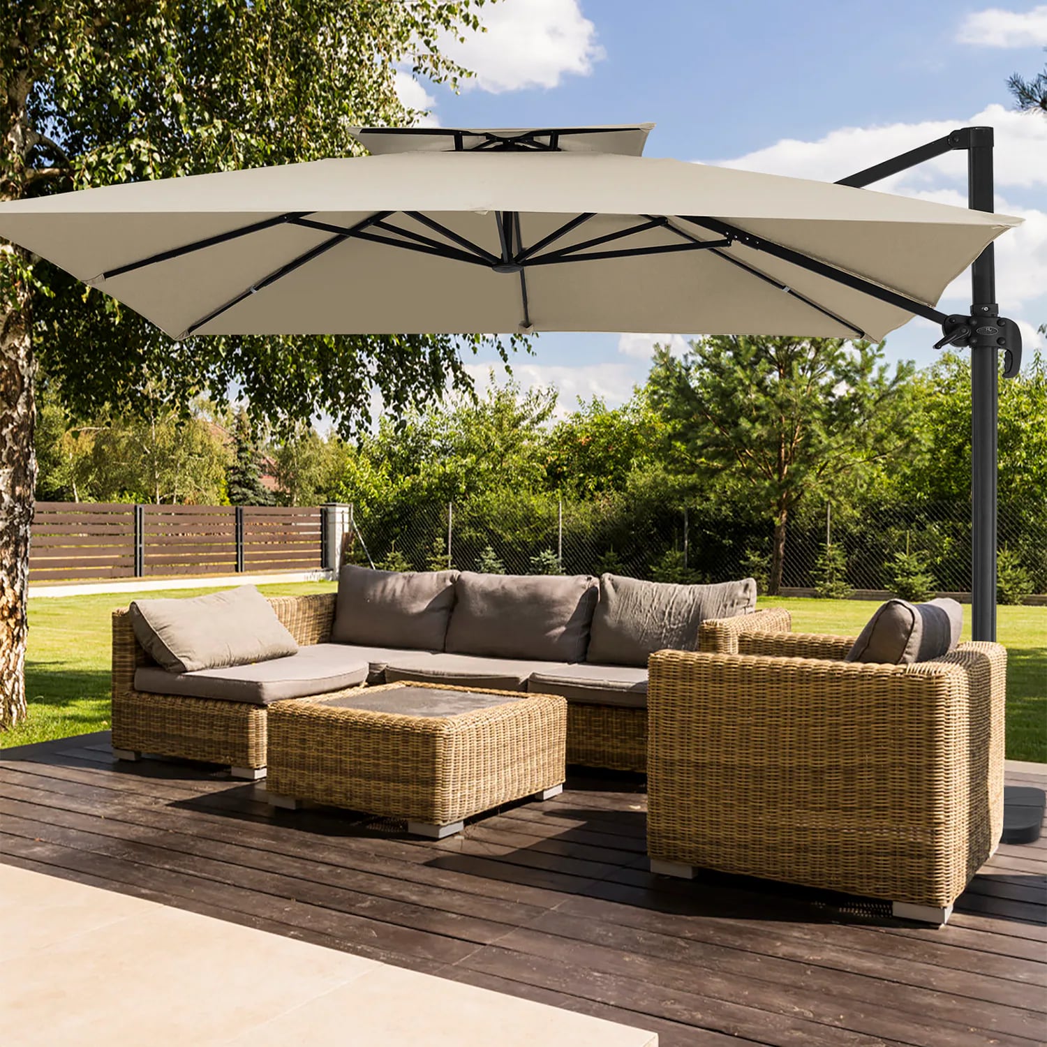 JEAREY 11-ft Aluminum Beige Crank Cantilever Patio Umbrella with Base Polyester one_size | JE-11FXBRT-BE