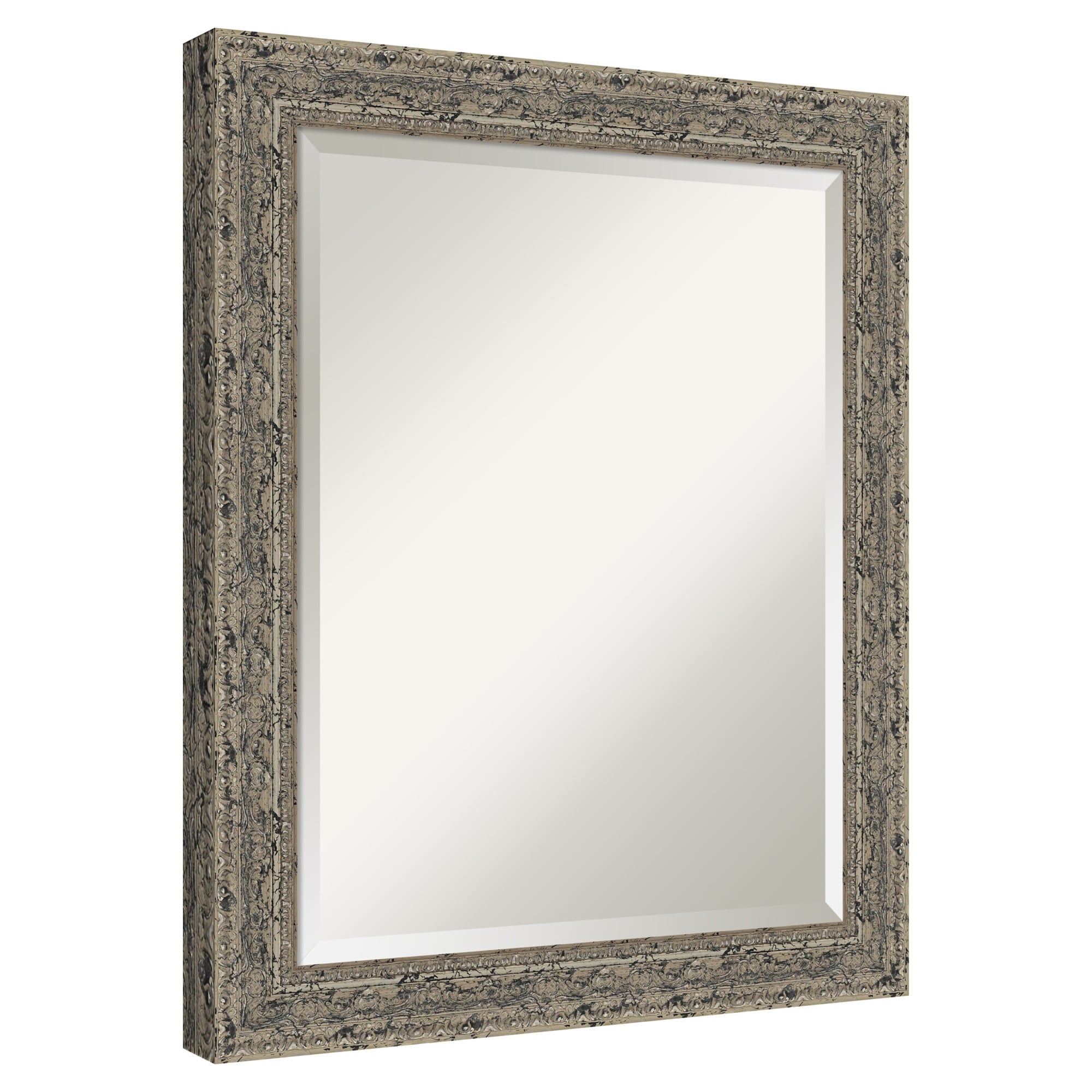 Amanti Art  Beveled Mirror Attic Aged Silver Framed Wood Bathroom Wall Mirror 33.5 x 27.5 in.