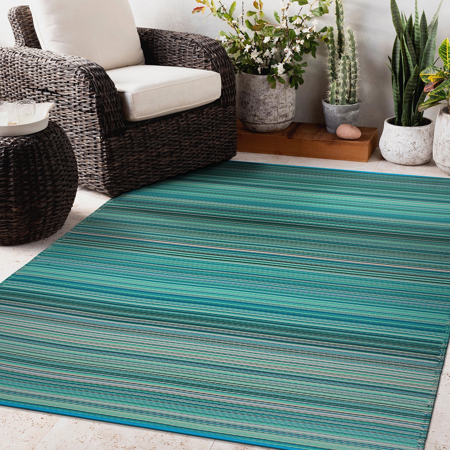 Blue and Green Striped Synthetic Reversible Area Rug 8' x 10'