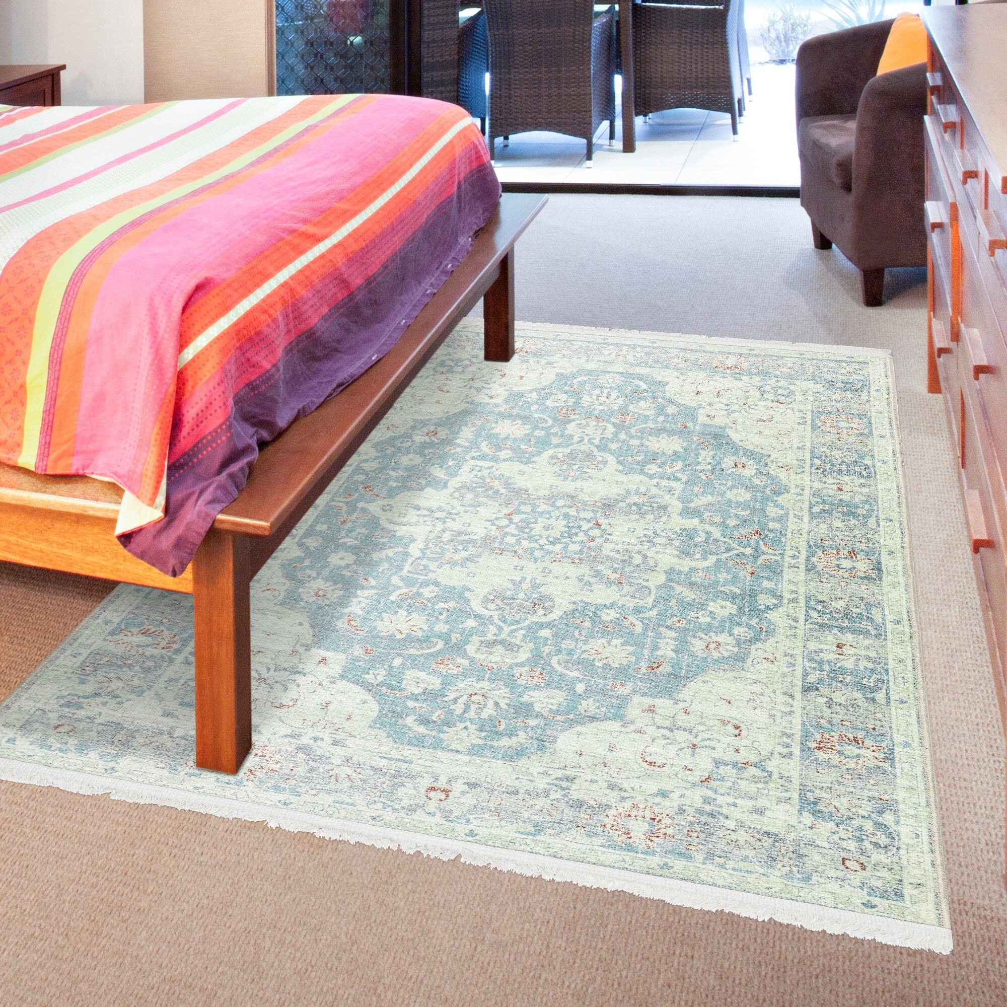 Greenish Blue Medallion Flatweave Washable Area Rug 4' x 6'