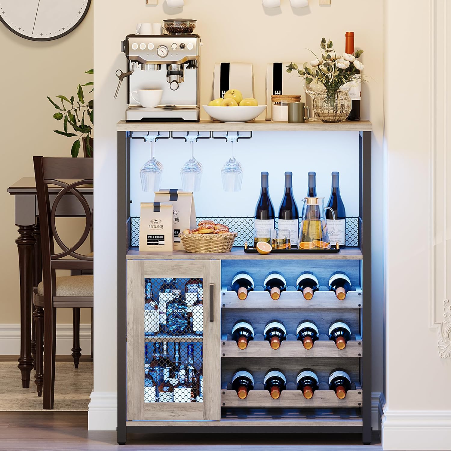 Garvee Wine Bar Rack Cabinet with LED Light Adjustable Shelves Coffee Bar  Cabinet with Mesh Door and Baffle Design 36 in Tall Small Liquor Bar Cabinet  for Home Kitchen Dinning Room Grey, image size:1500x1500