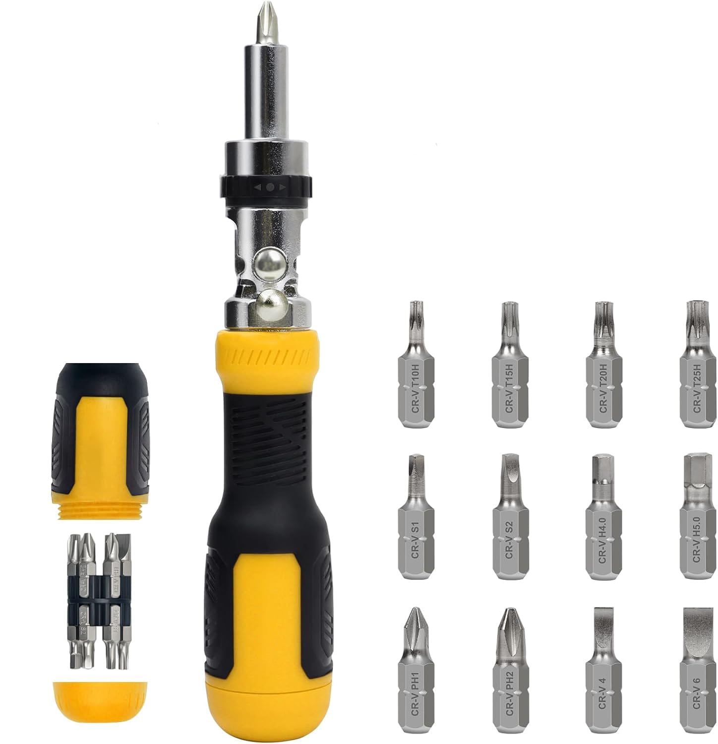 Etokfoks 13 in 1 ratcheting multi bit screwdriver set with 180 degree pivoting handle CRV steel bits cushion grip and integrated nut driver #LET9E36UB