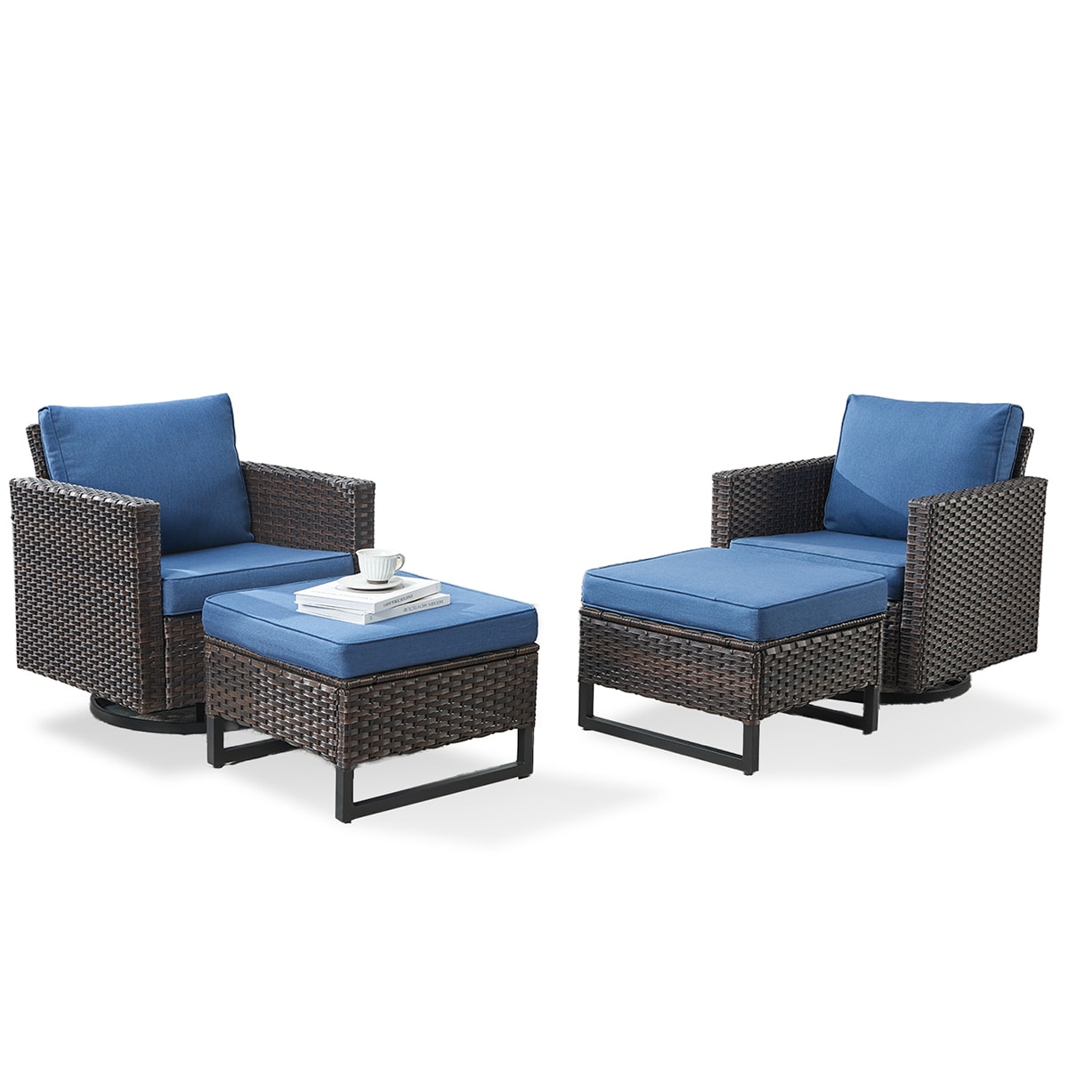 Rilyson FS122119-1 U-FEET Set of 2 Wicker Brown Wicker Frame Swivel glider Conversation Chair with Brown Blue Cushioned Seat