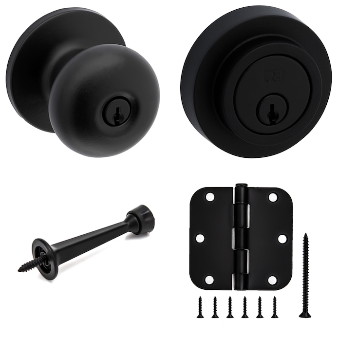 RELIABILT  Baron Exterior Keyed Entry Door Knob and Single Cylinder Deadbolt with matching 3-1/2-in H x 5/8-in Radius Interior Door Hinge and Door Stop in Black