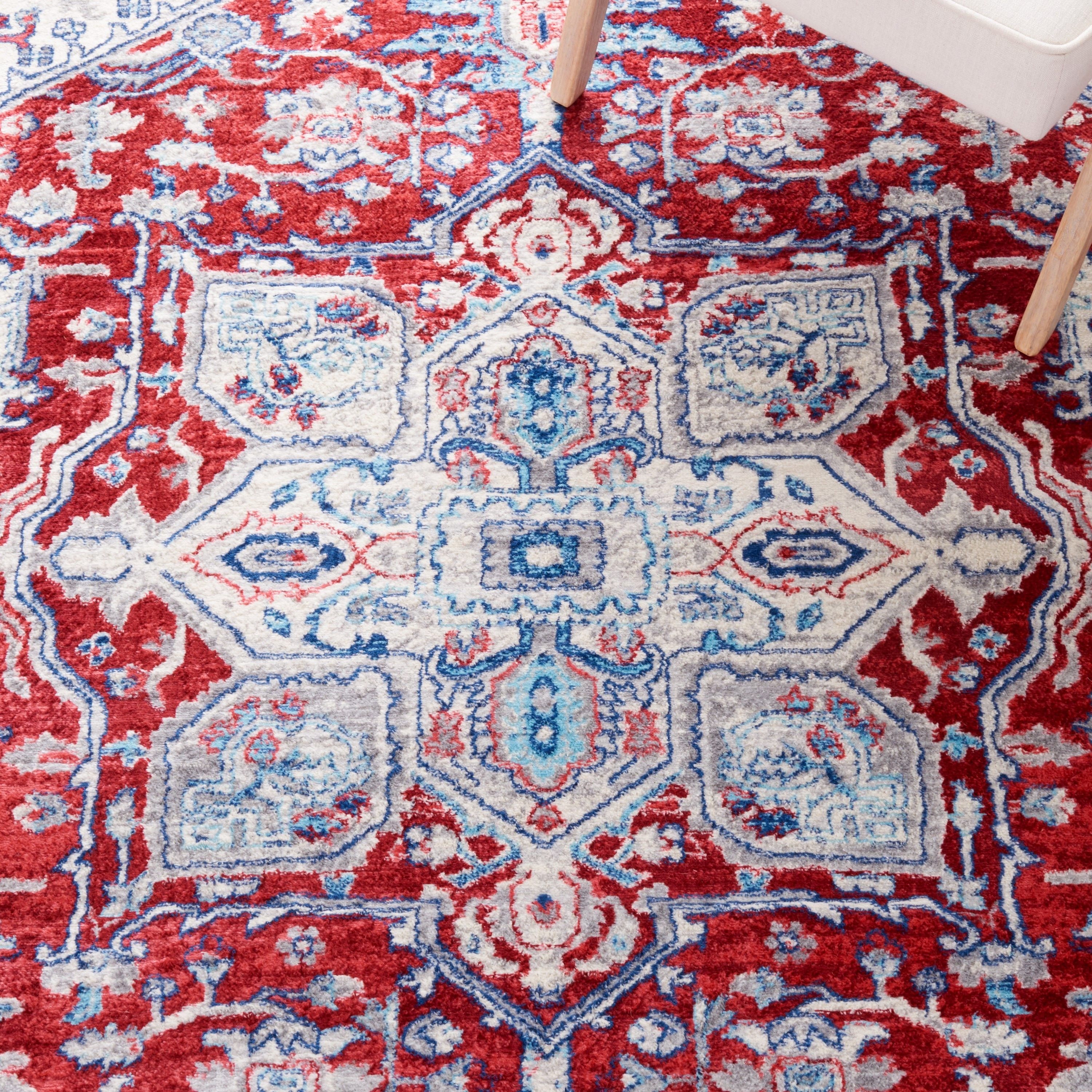 Red and Ivory Rectangular Stain-Resistant Synthetic Rug