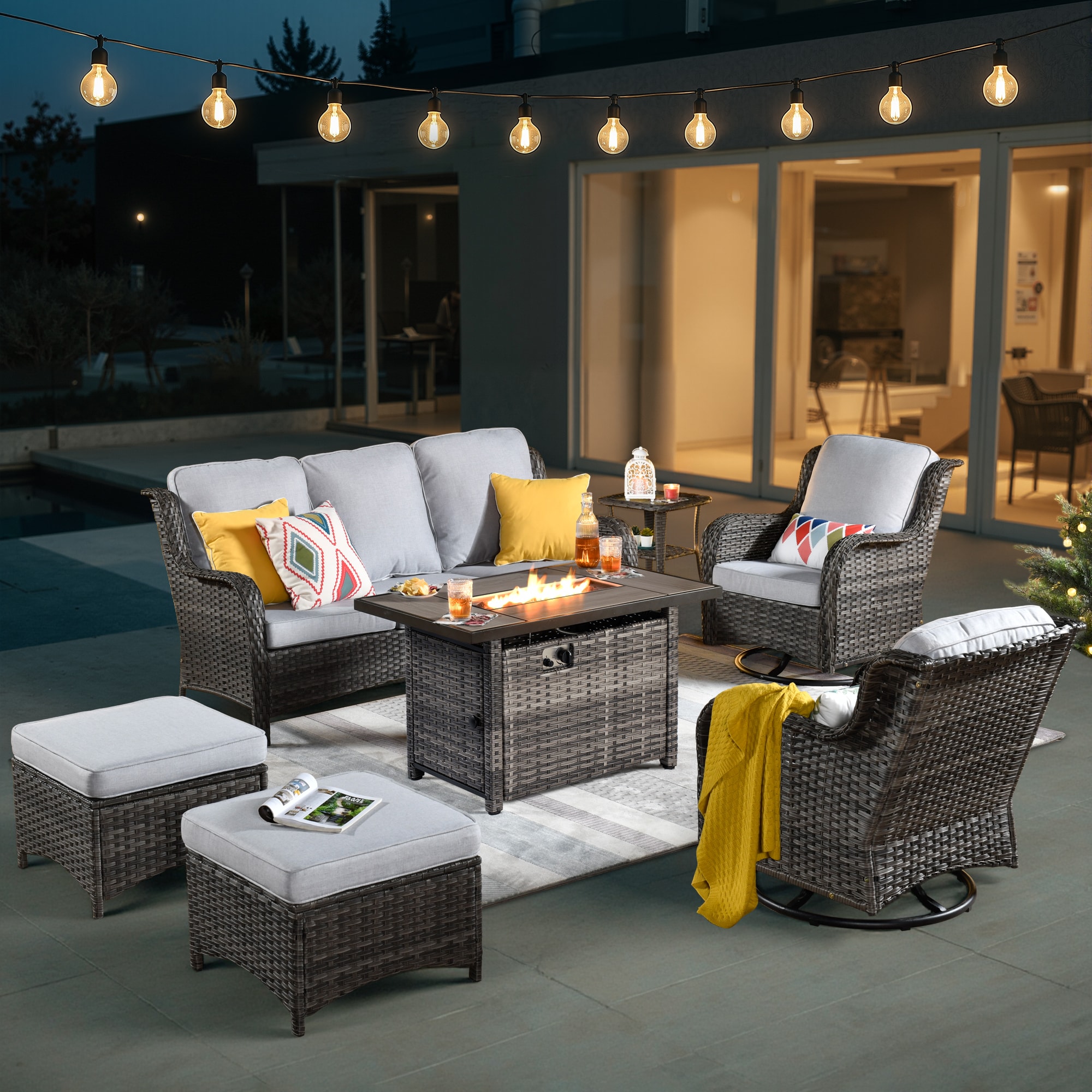 Pouuin SRFPGNTC40-7 7 -Piece Wicker Patio Sofa Conversation Set with Gray Cushions