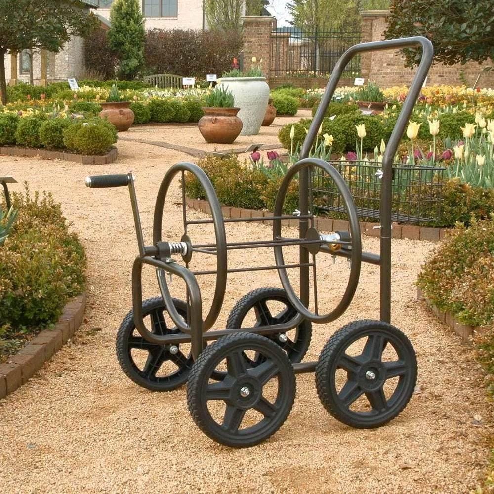 250 ft. 4-Wheel Garden Water Hose Cart Gray Steel Manual crank 