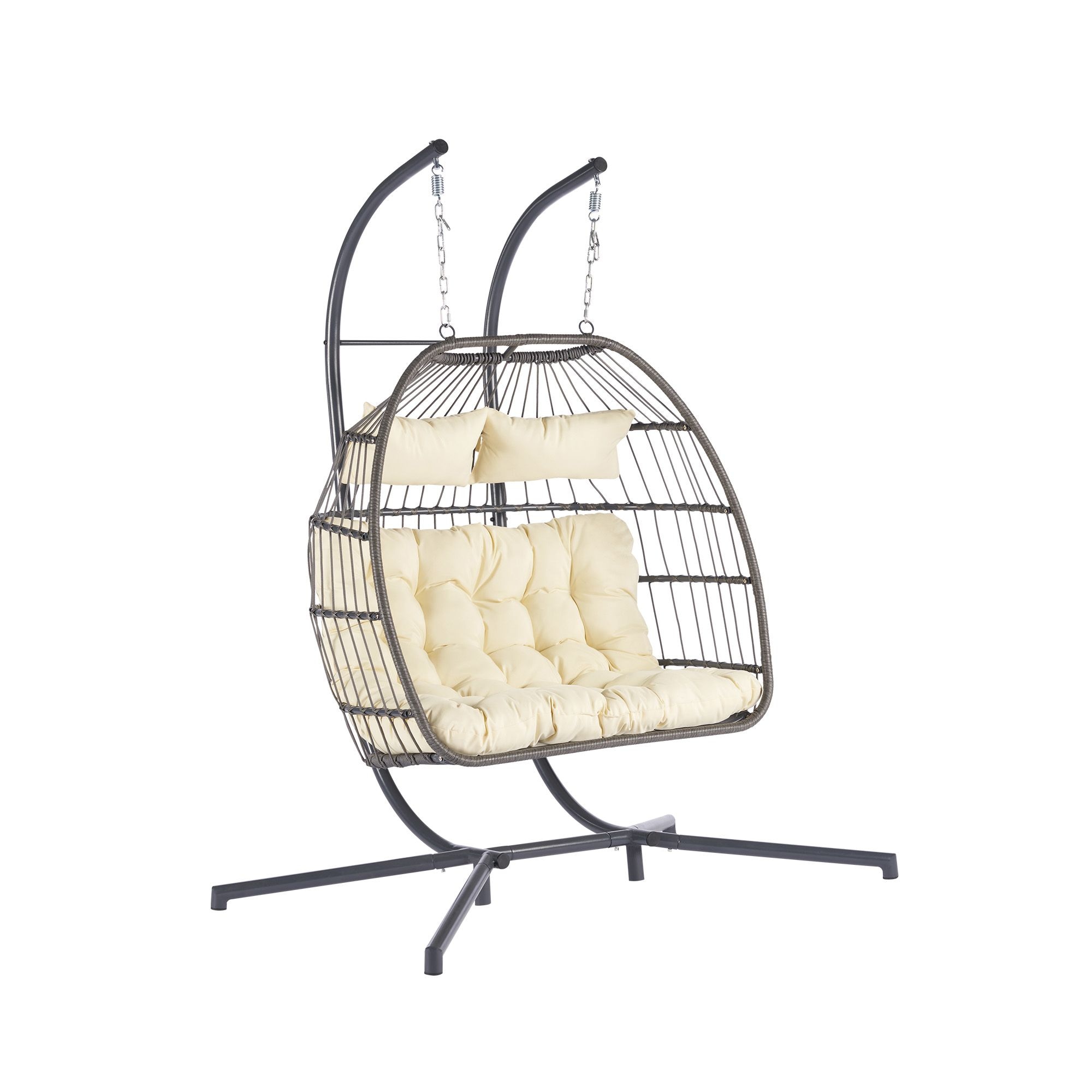 Forclover MONMBY035BE 2-Person Hanging Chair Patio Swing Egg Chair Wicker Black Metal Frame Hanging Egg Chair with Off-white Cushioned Seat