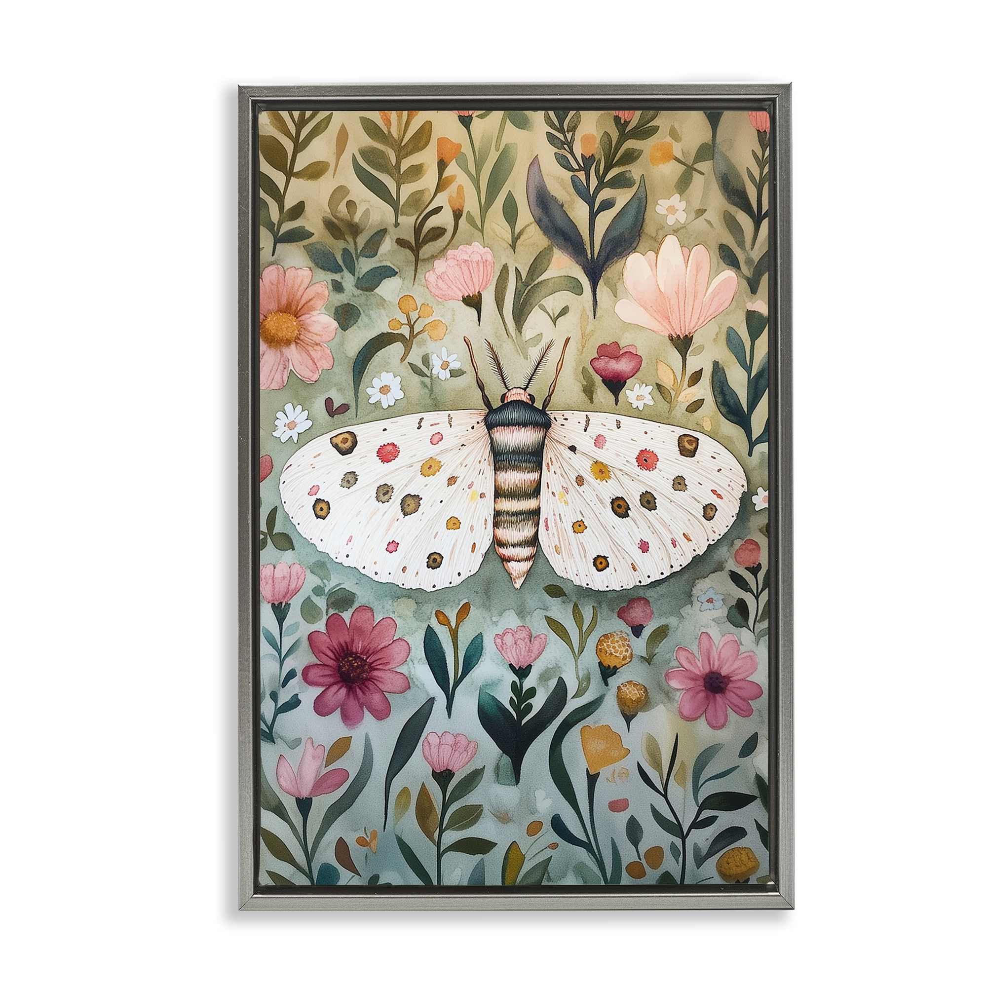 Stupell Industries BT-879-FFL-16X24 Flower Speckled Moth Wings Gray Framed Floater Canvas Wall Art By The Dutch Lady 17 x 25