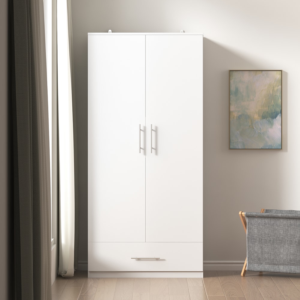  White 2-Door Wardrobe Armoire with Hanging Rod Drawer Shelf and Silver Handles 31.5''L x 18.9''W x 66.9''H