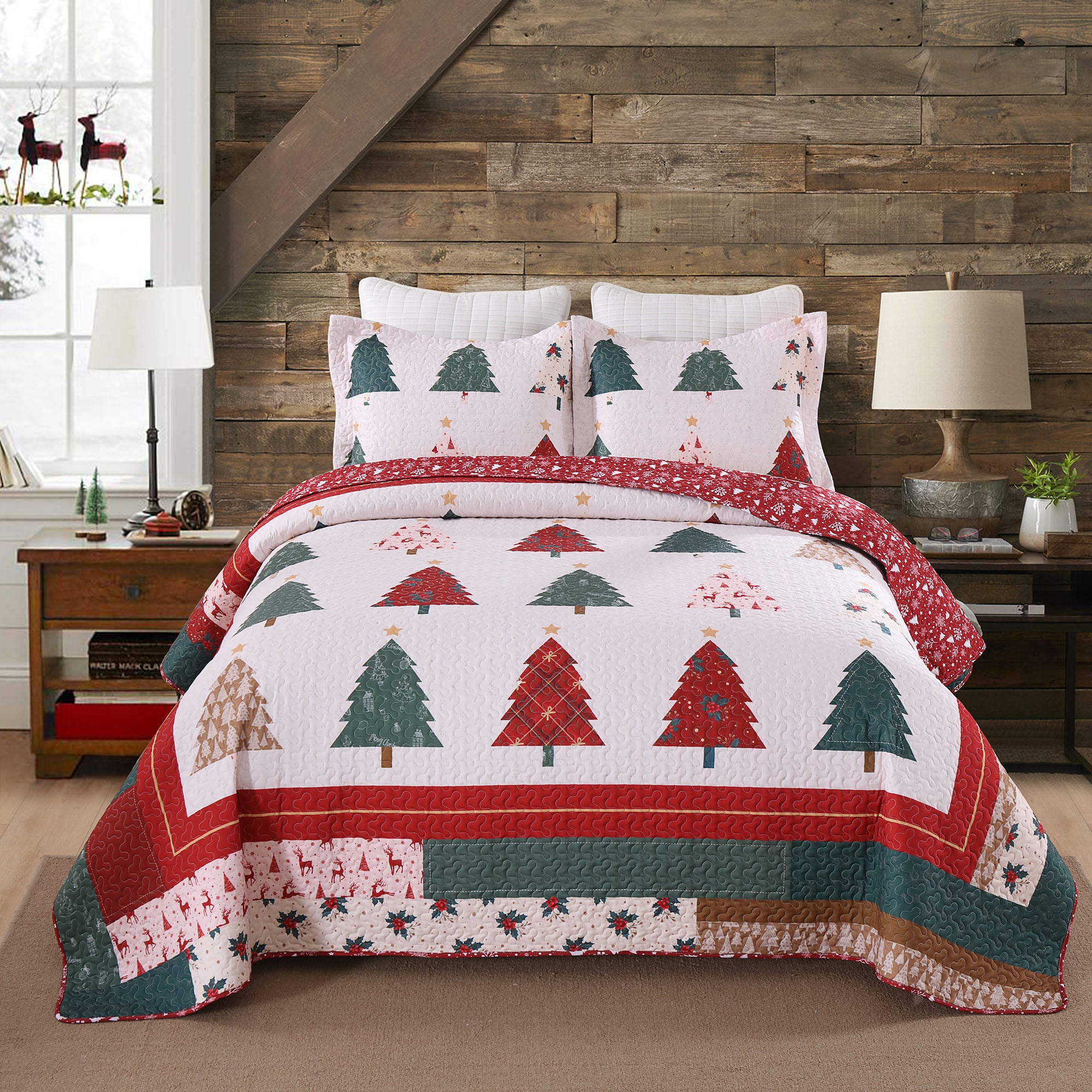 MarCielo BY219 K BY219 3 Pcs Forest Christmas Tree King Size Polyester Quilt Bedspread Set