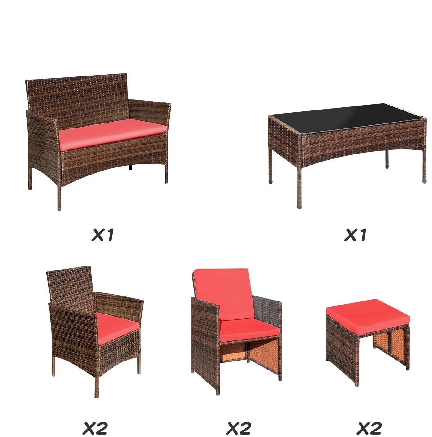 Vineego LS-LCRF2C2F-RD834M18 8 -Piece Rattan Patio Conversation Set with Off-white Cushions