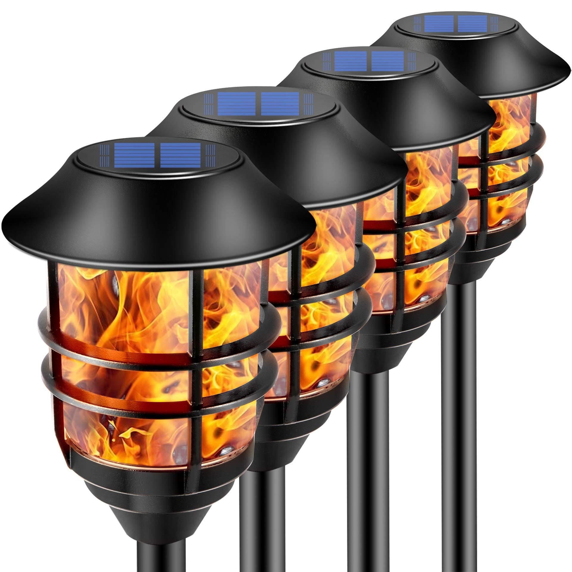 Lukvuzo  Solar Outdoor Lights Extra Tall Flickering Flame Torches 4 pack Stainless Steel Waterproof Pathway Lighting 66 Inch Garden Decor Auto On
