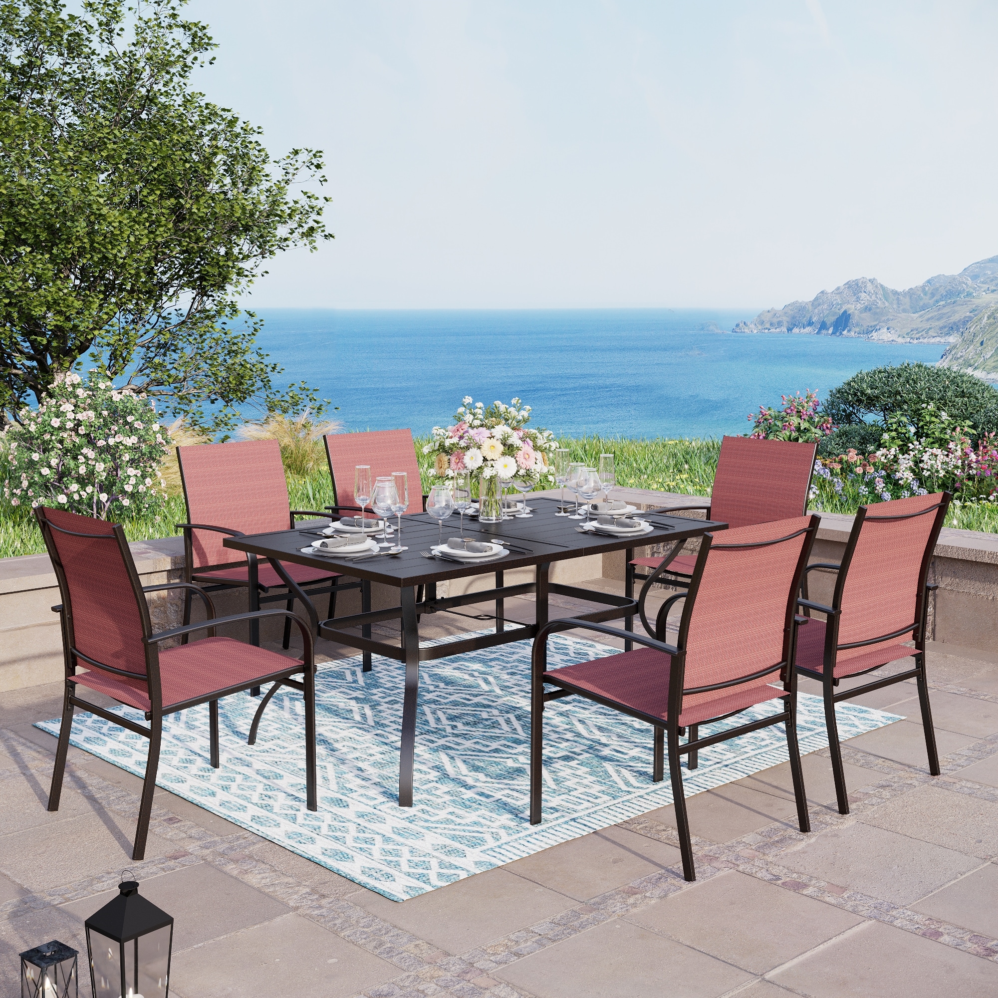 Sunshine Valley TC7-154R-4 7 -Piece Black Patio Dining Set Steel Rectangle Table with 6 Red Stationary Chairs