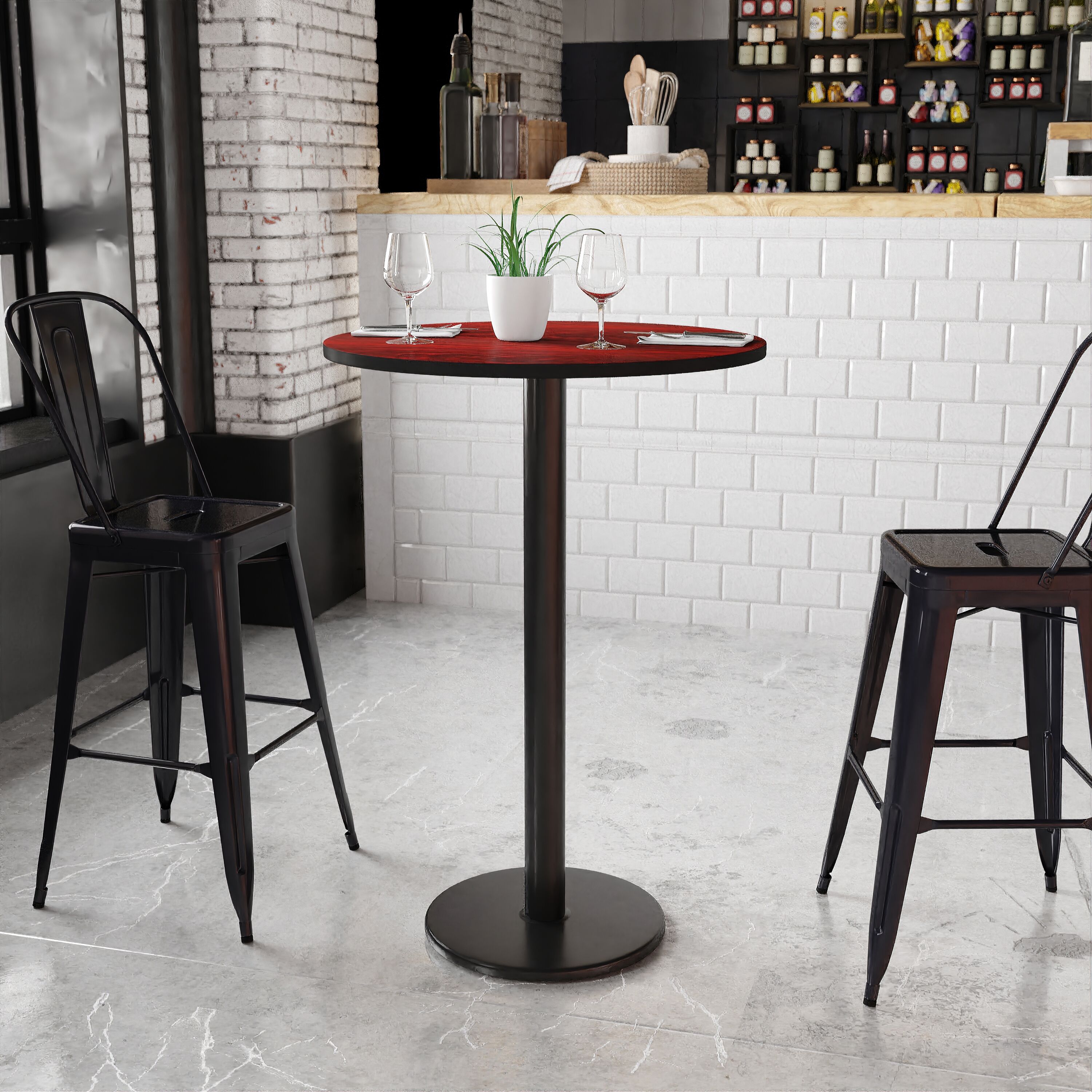 Flash Furniture 889142006848 Mahogany Round Contemporary/Modern Bar Table, Wood veneer with Black Metal Pedestal Base 30-in L x 43.13-in H