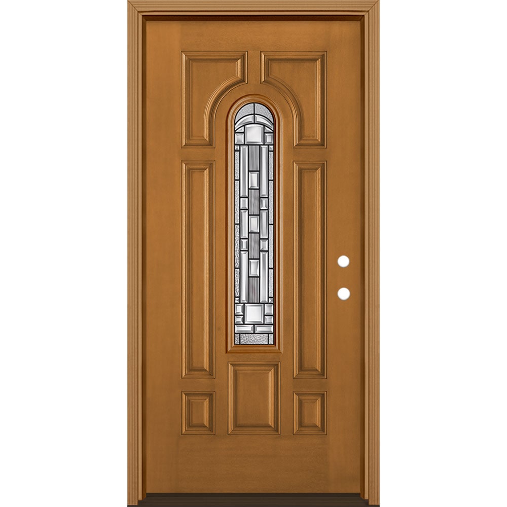 Masonite 3421129 Naples 36-in x 80-in x 4-9/16-in Fiberglass Center arch lite Left-hand inswing Oakcrest Stained Prehung Single door Front Door with Brickmould Insulating core Decorative glass