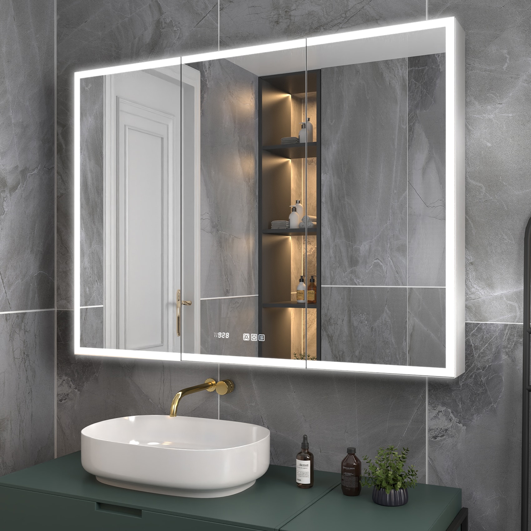 ExBrite EXMC4036V12DX Glare 48-in x 36-in Lighted LED Fog Free Surface/Recessed Mount Moonlit Silver Mirrored Rectangle Soft Close Medicine Cabinet with Outlet
