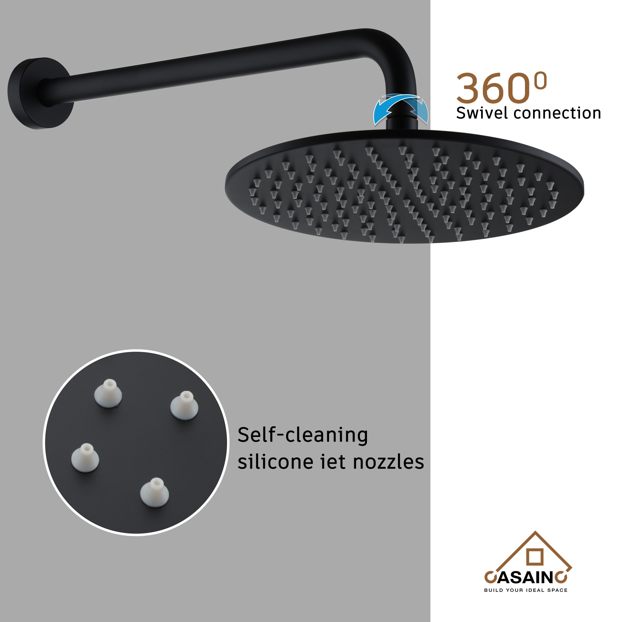 CASAINC Wall-mount Shower System Matte Black Dual Head Waterfall Built ...