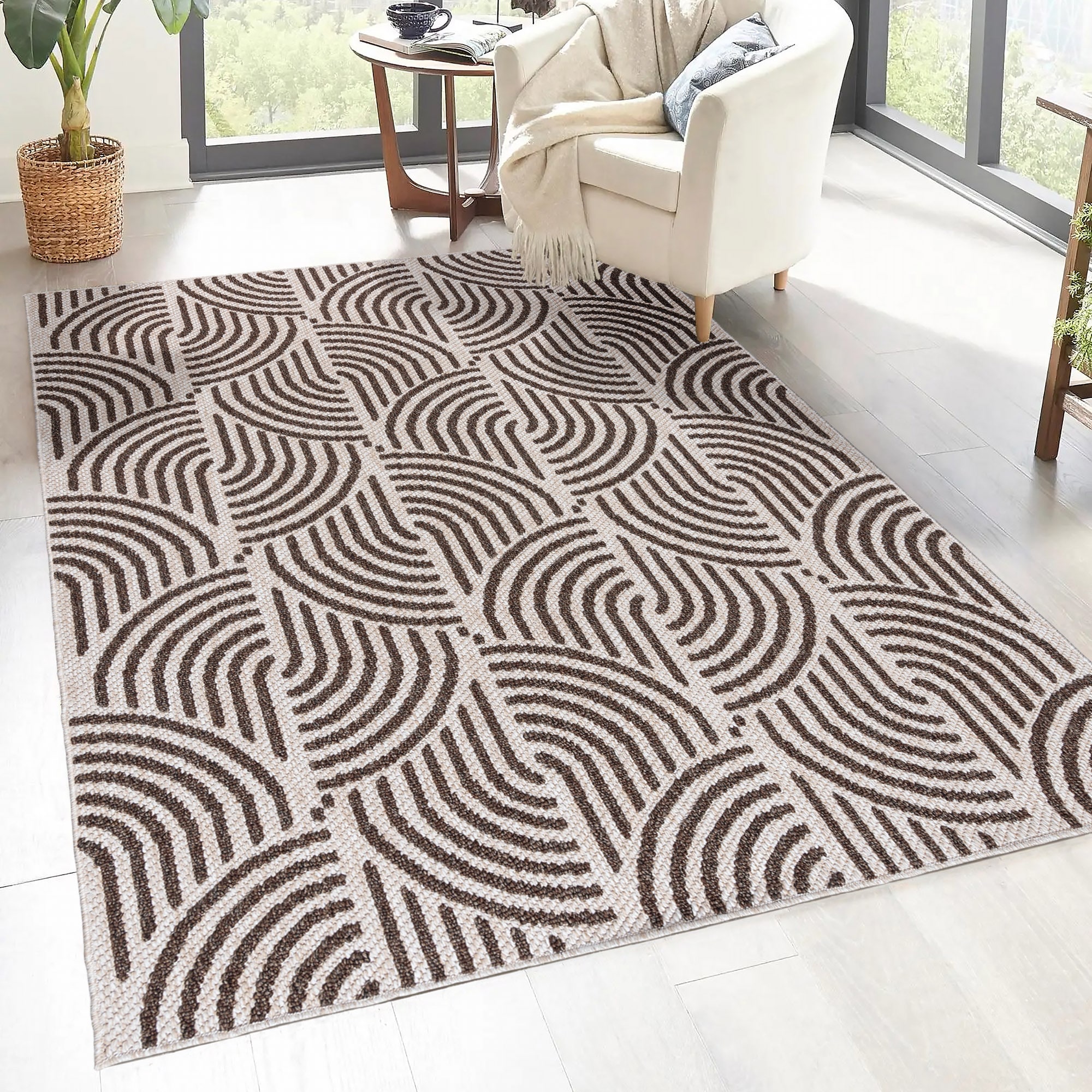 allen + roth 28231 Rounded Shores 5 x 8 (ft) Polyester Mocha Rectangular Indoor Geometric Area rug