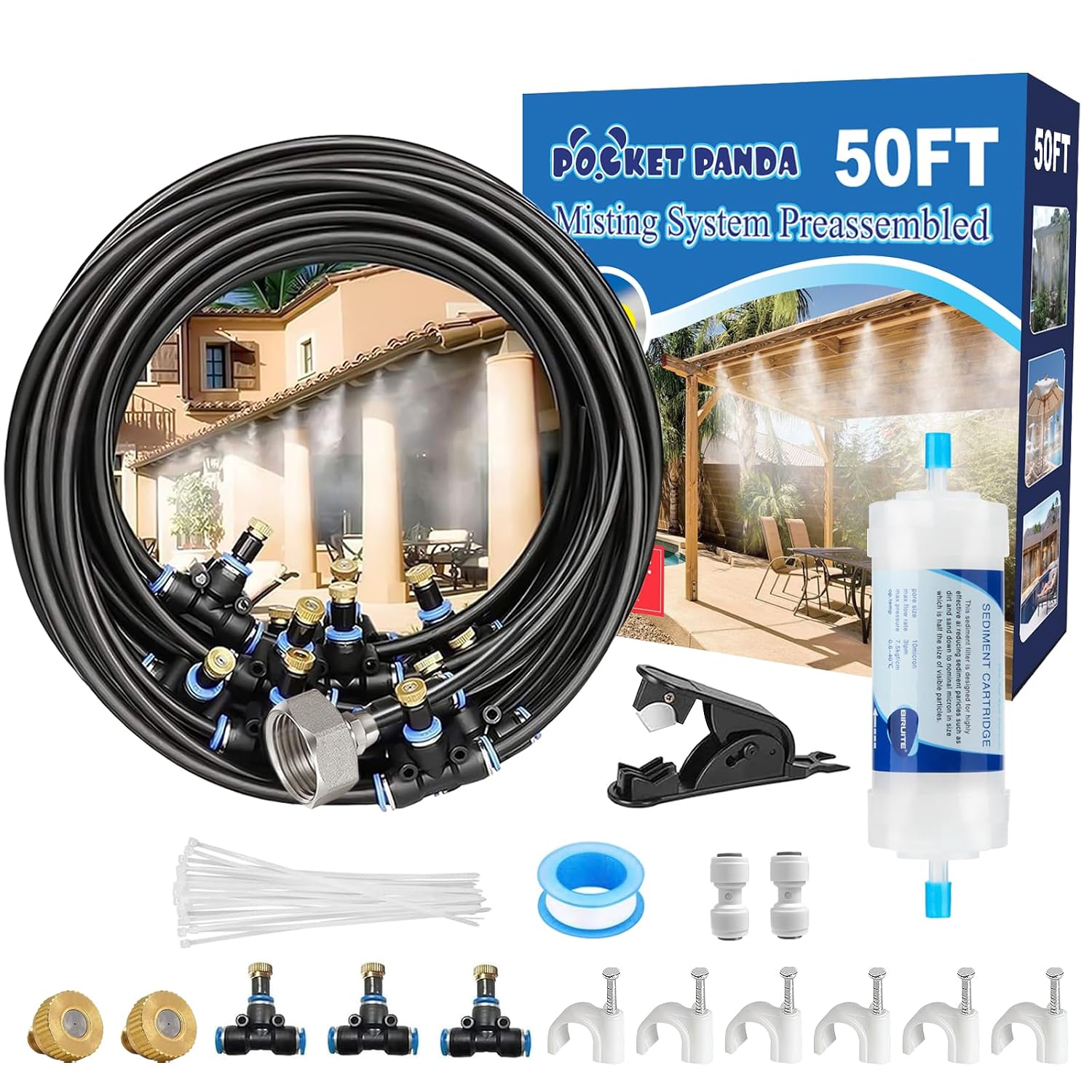 CJGQ 50 ft Pre-Assembled Outdoor Patio Misting System with 15 Brass Nozzles and UV-Resistant Hose for Patio Deck Garden Greenhouse Pool and Canopy Cooling