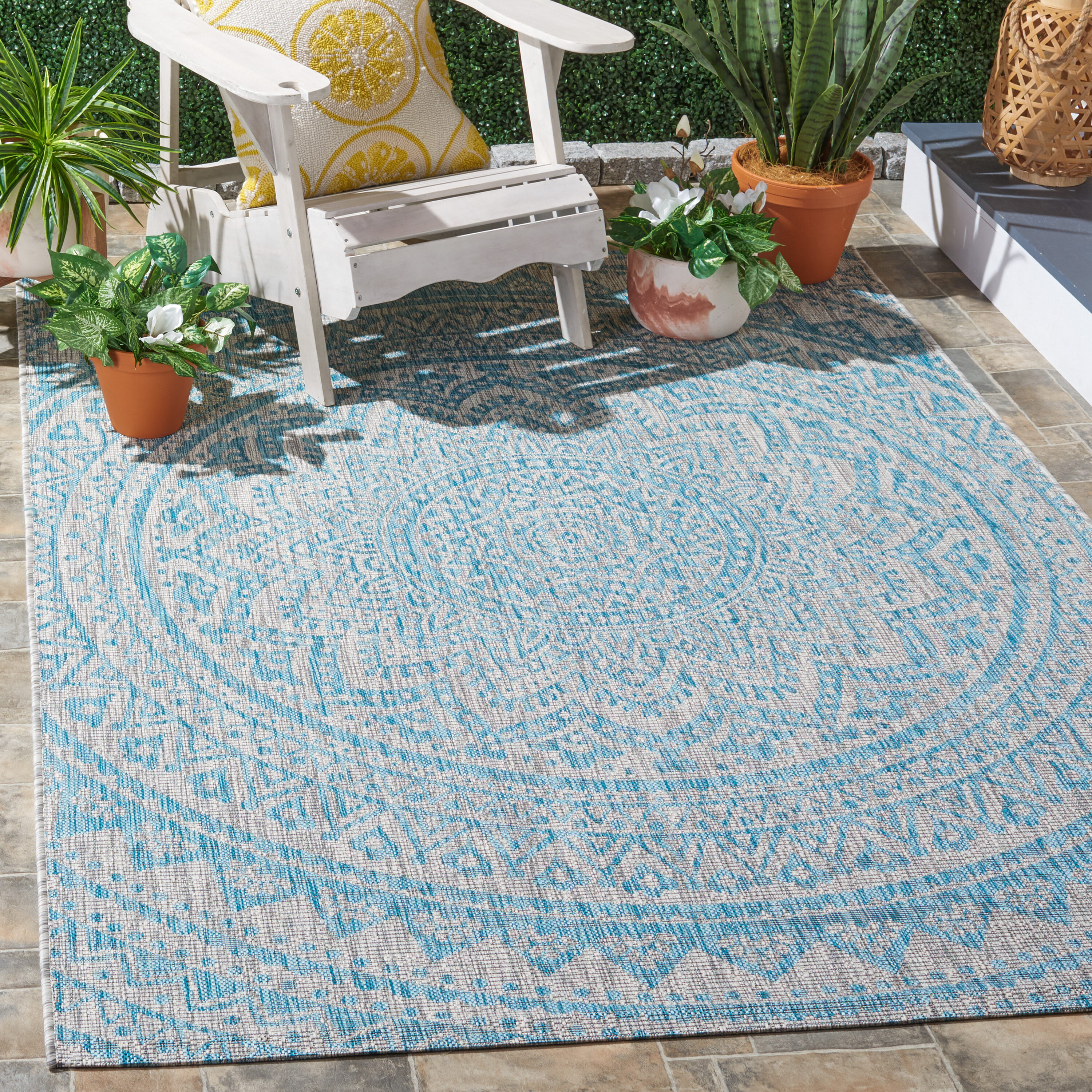 Safavieh CY8734-37112-7SQ Courtyard Bora 7 x 7 (ft) Loomed Polypropylene Light Gray/Aqua Square Indoor/Outdoor Trellis Coastal Area rug
