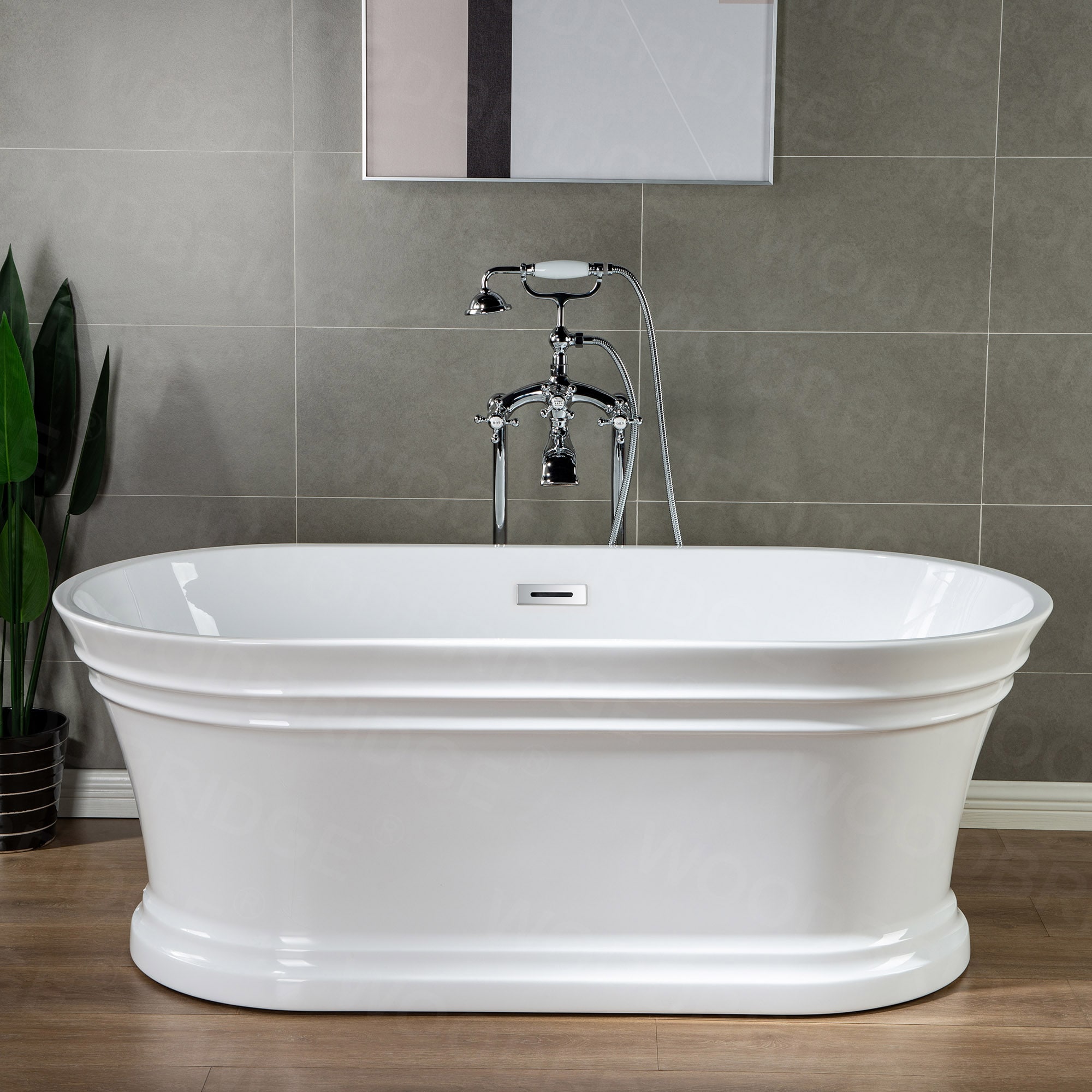 Salem 29.875-in x 67-in White with Gold Trim Acrylic Oval Clawfoot Soaking Bathtub with Drain (Reversible Drain) Stainless Steel | - Woodbridge LB384