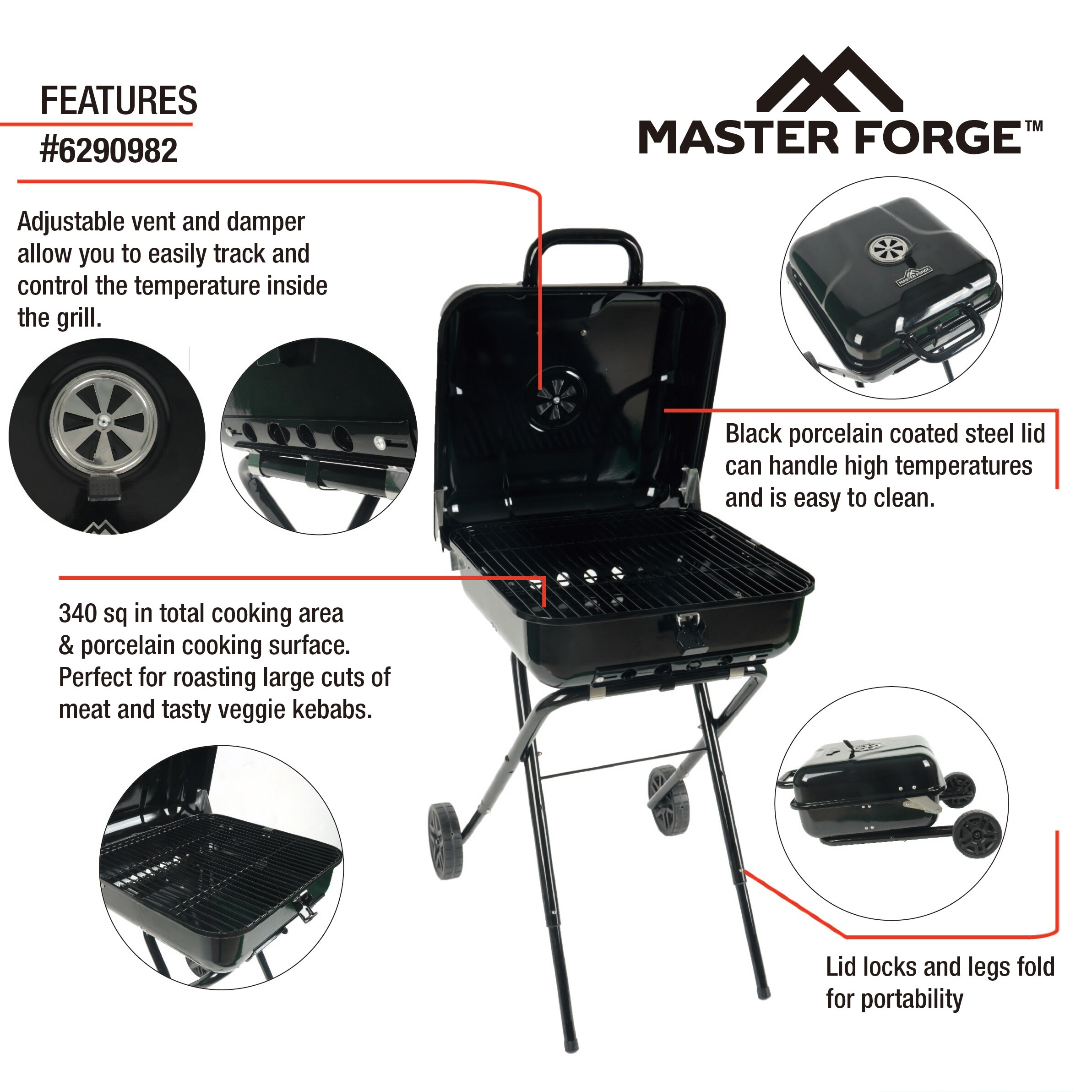 Master Forge 340-Sq in Black Portable Charcoal Grill