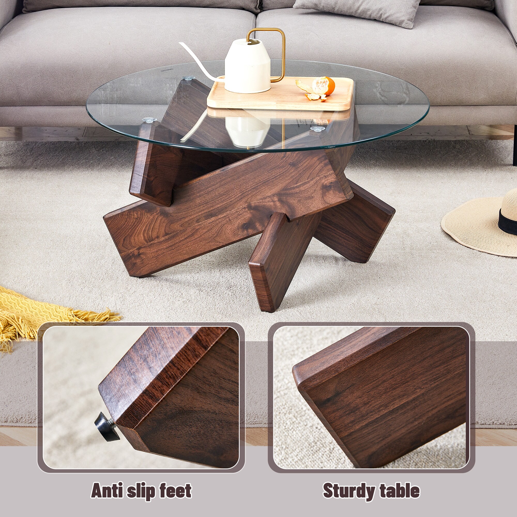 Tinyhomie Round glass coffee table 33.4Inch modern design unique coffee ...