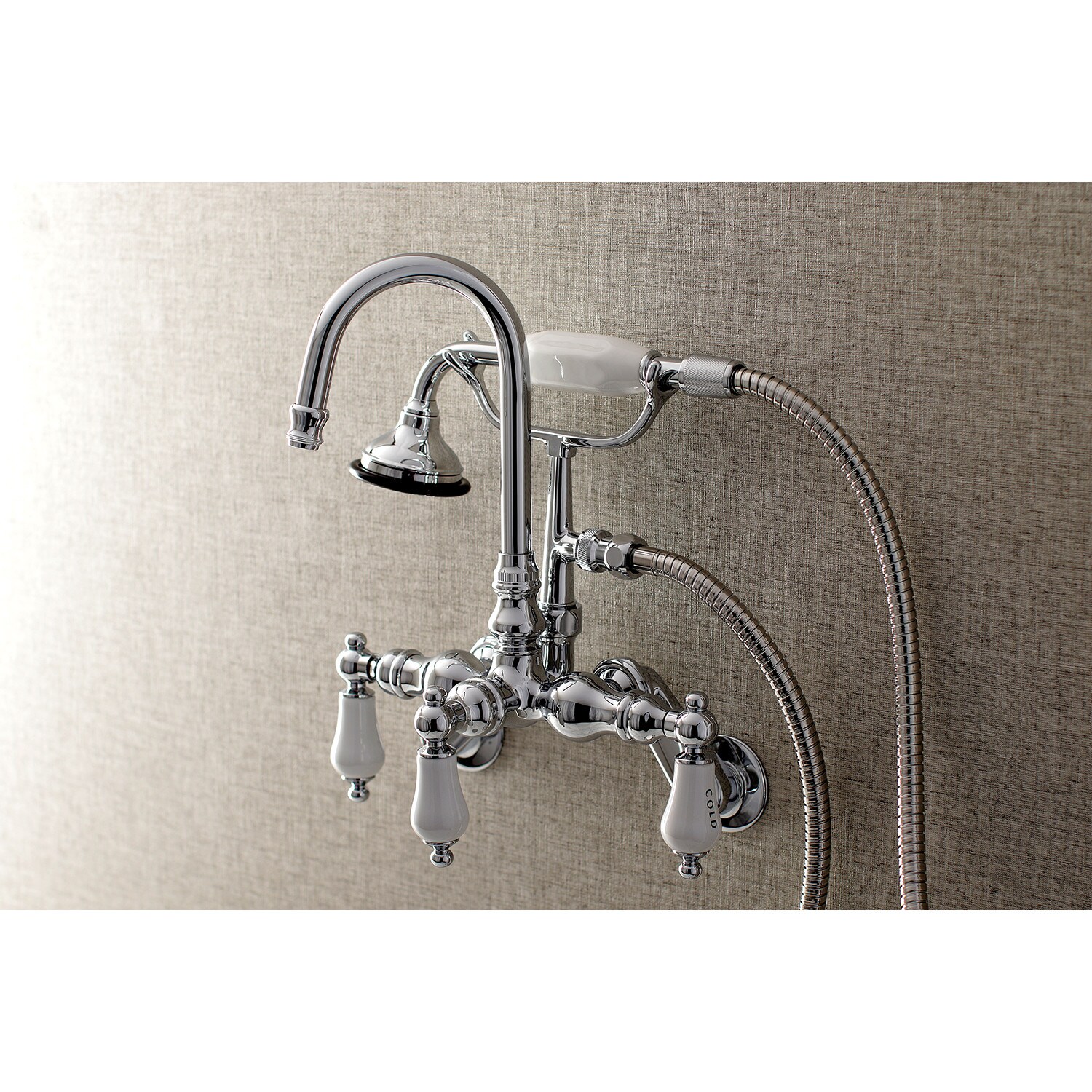 Kingston Brass Vintage Polished Chrome 3 Handle Wall Mount High Arc Bathtub Faucet With Hand 8056