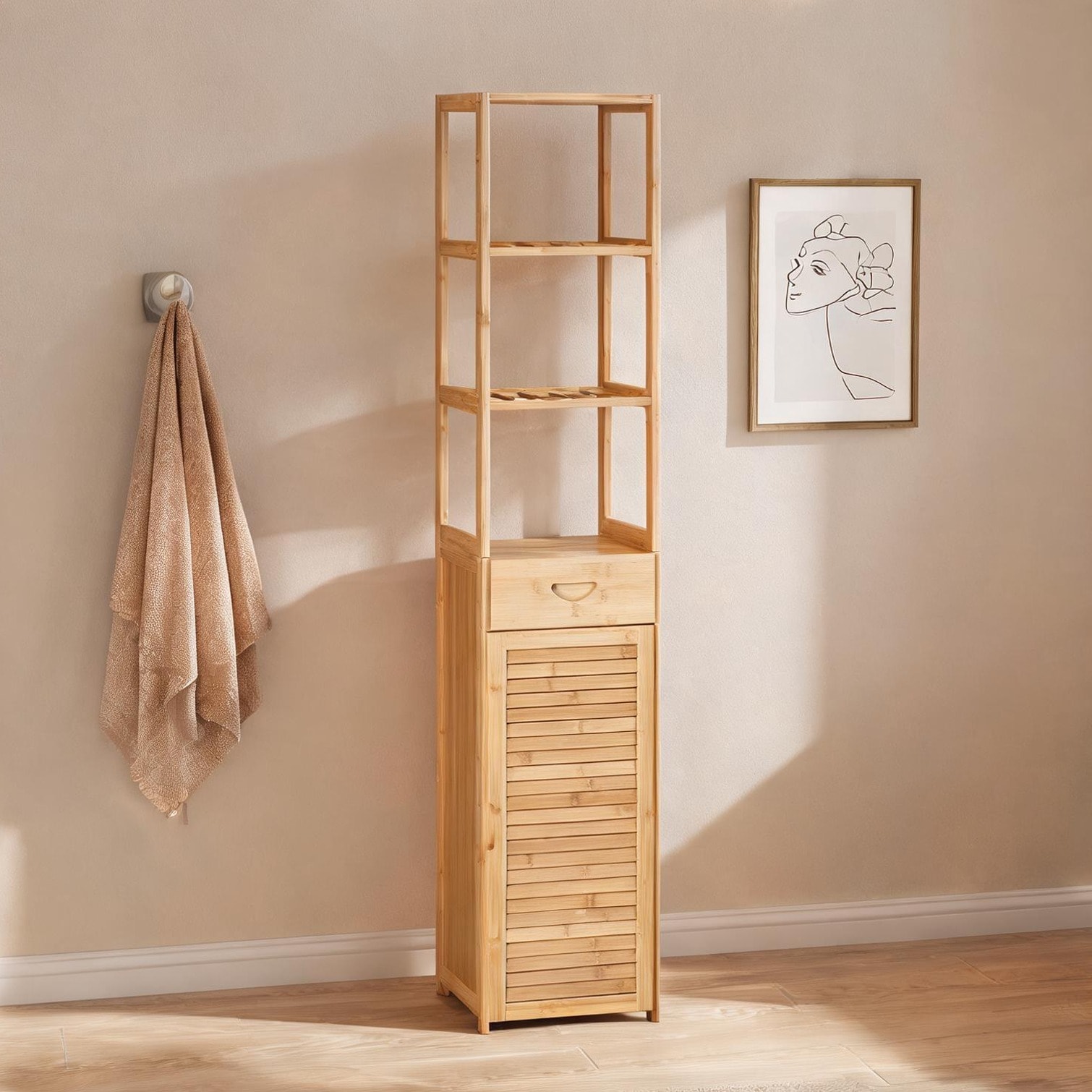 SunJet Slim Bamboo Bathroom Storage Cabinet with Drawer and Slatted Shelves Organic Natural 64.25 Inches
