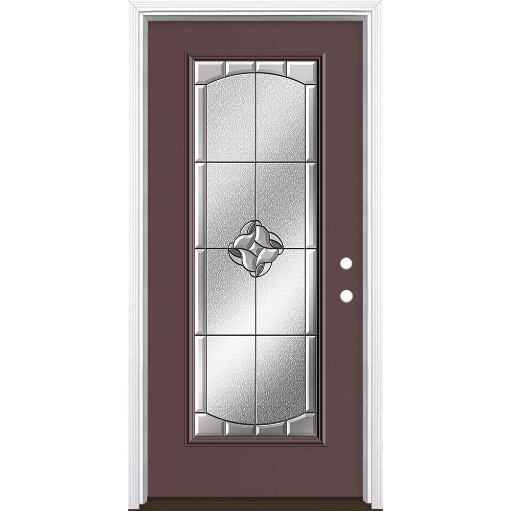 Masonite 3423285 Rozet 36-in x 80-in x 4-9/16-in Fiberglass Full lite Left-hand inswing Currant Painted Prehung Single door Front Door with Brickmould Insulating core Decorative glass