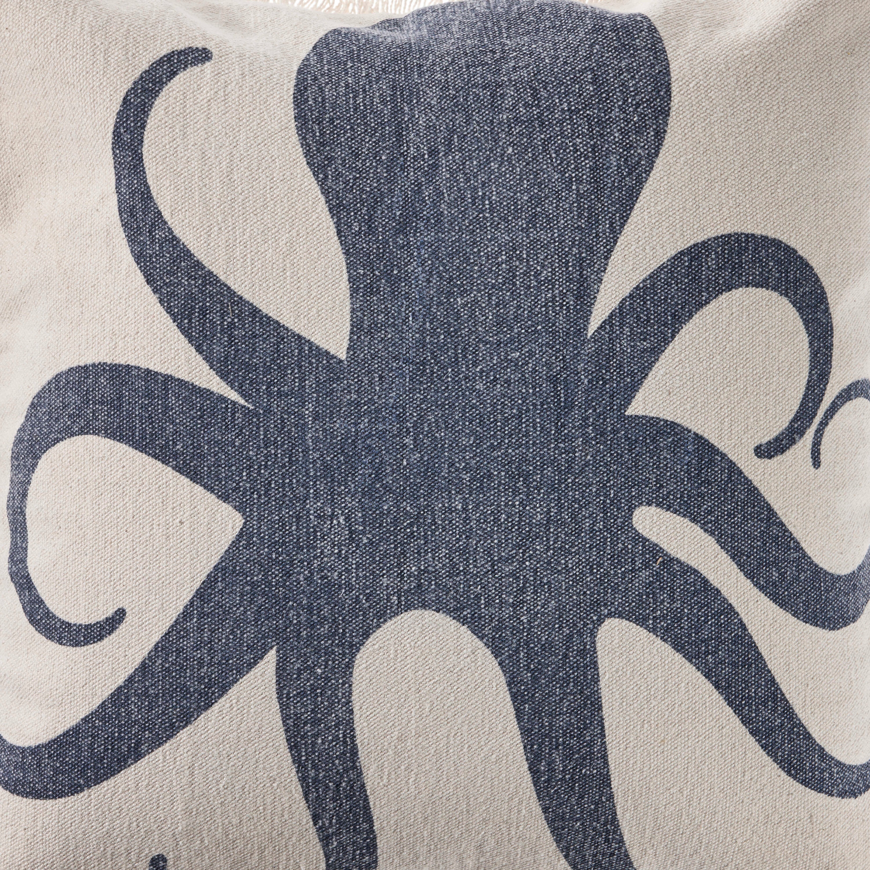 Coastal Blue Octopus Fringed Square Cotton Pillow