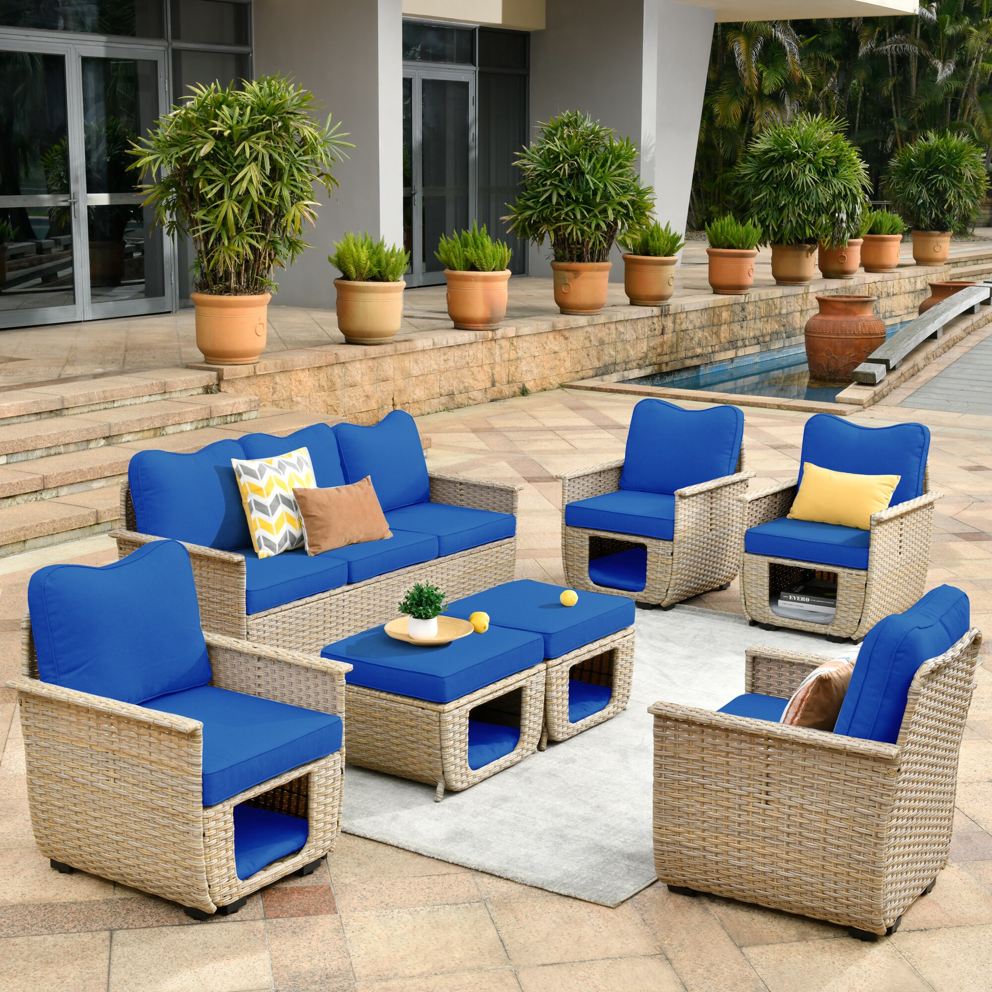 White patio furniture 2024 with blue cushions