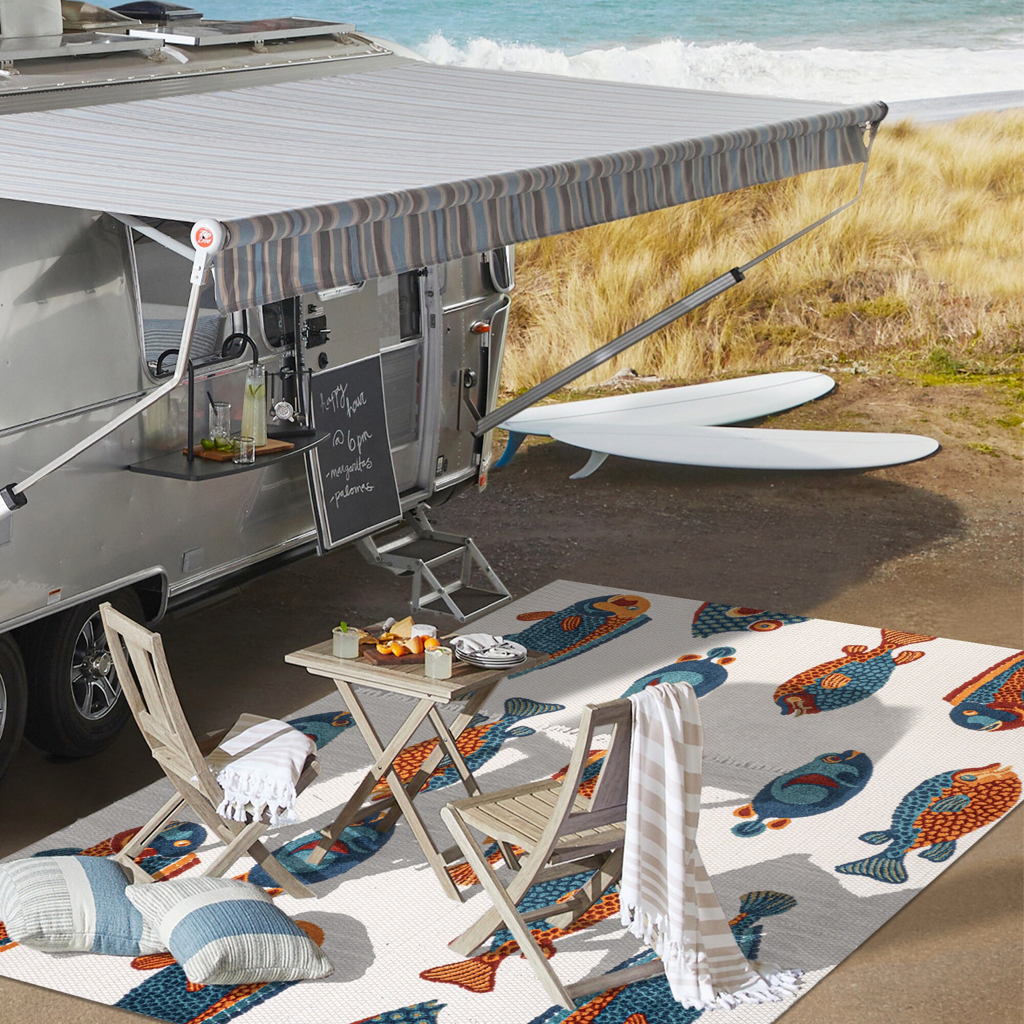Navy and Orange Coastal Fish Pattern Synthetic 8' x 10' Area Rug
