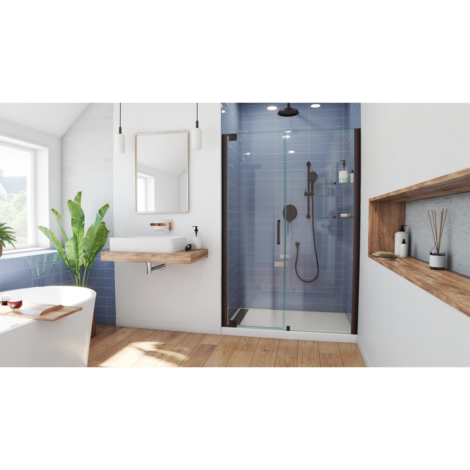 Elegance 53" Frameless Pivot Shower Door in Clear Glass and Bronze