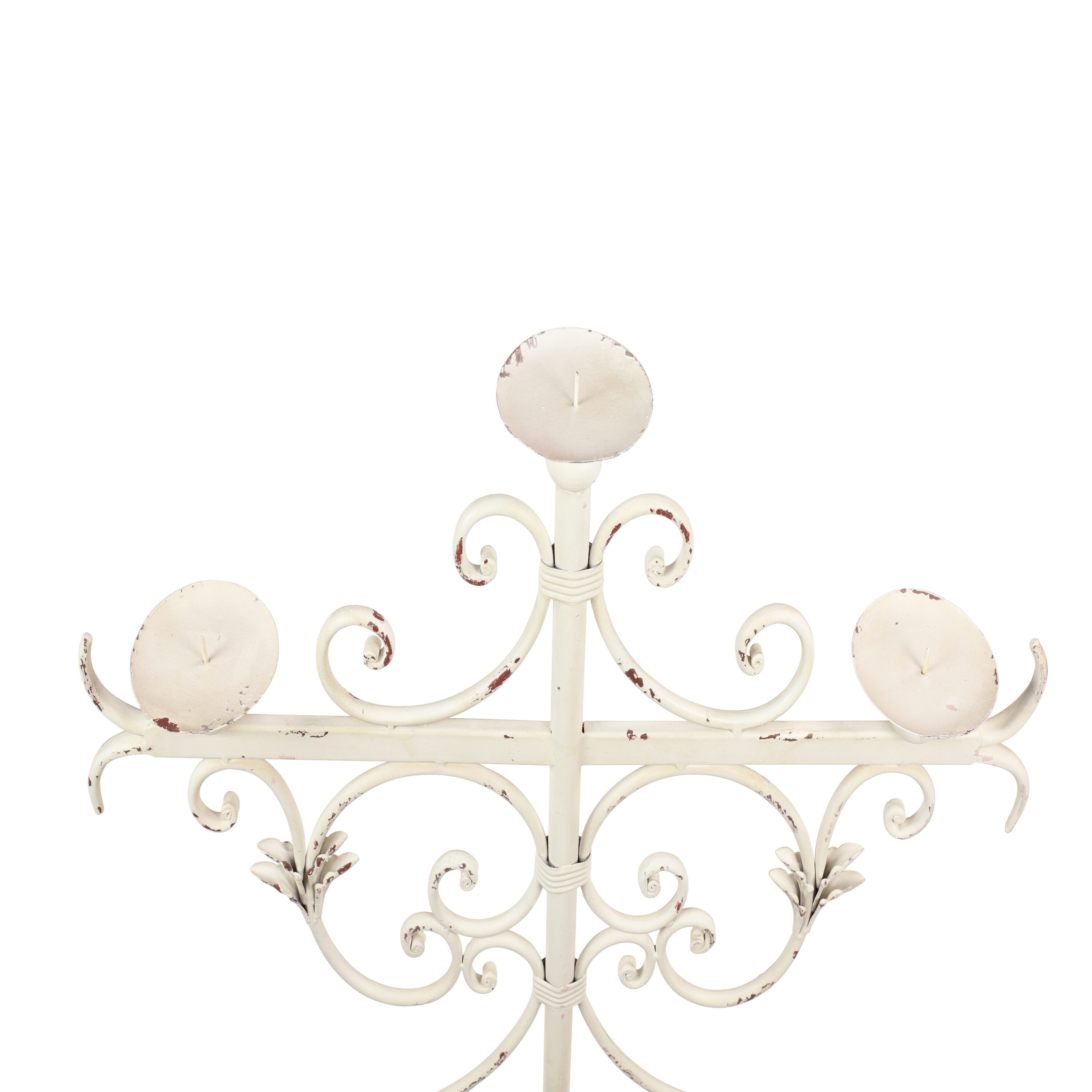 Tall Distressed White Metal Floor Candelabra with Scrolled Base