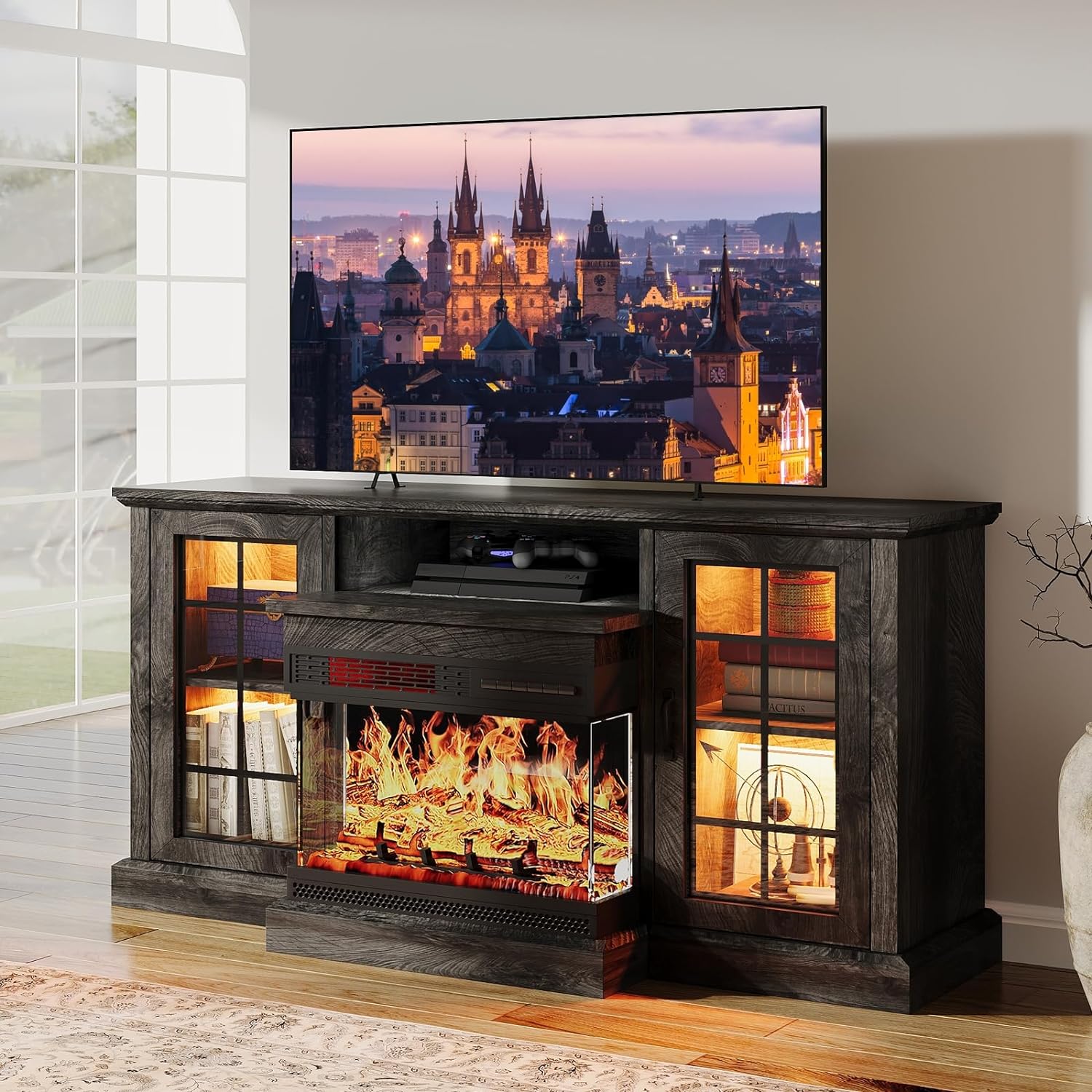 AOXUN 59-in W Gray TV Stand with LED Electric Fireplace H21022GR+H20022 Sansujyuku sansujyuku.com