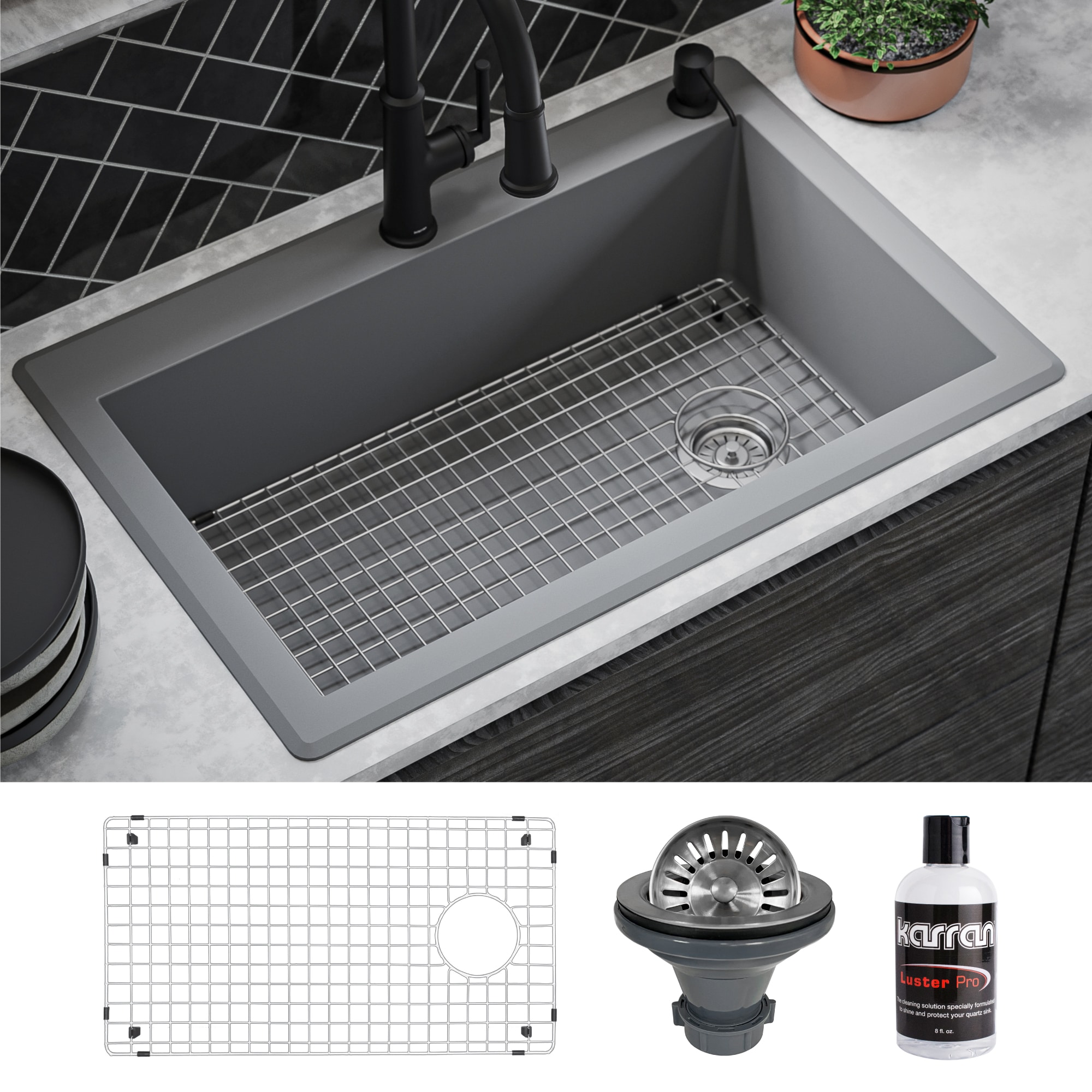 Karran QT-670-GR-PK1 Drop-in or undermount 33-in x 22-in Quartz Single bowl 1-Hole Kitchen Sink