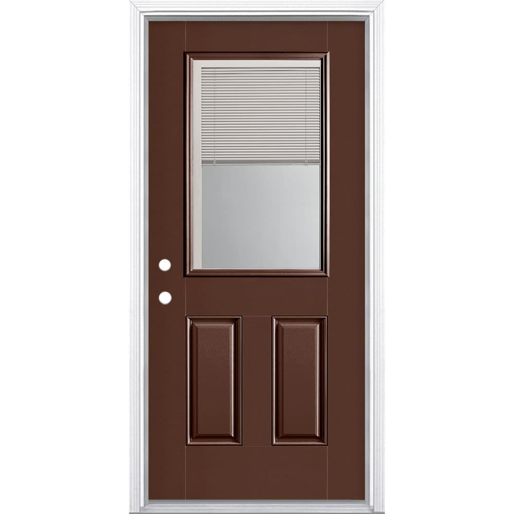 Masonite 1218472 36-in x 80-in x 4-9/16-in Fiberglass Half lite Right-hand inswing Chocolate Painted Prehung Front Door with Brickmould Insulating core with Blinds