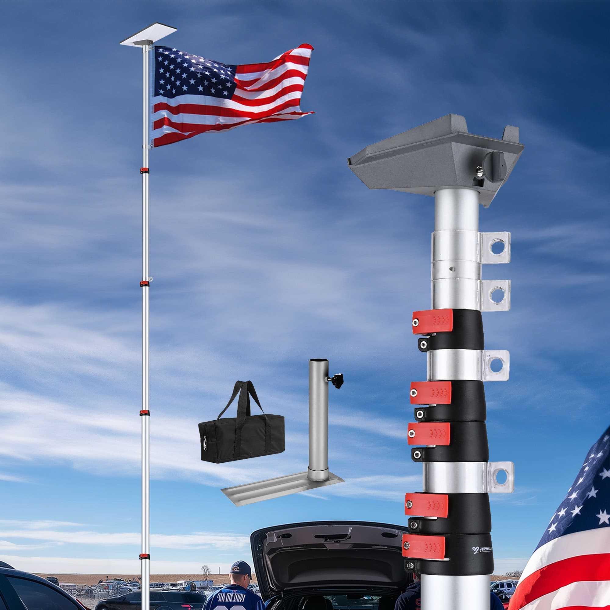 Yescom 22FLP052-25-MI-11-LO EZ GO 25 FT Starlink Mini Ground Pole Mount Kit with Adapter and Tire Stand Starlink Mini Telescopic Tailgate Flagpole and Base Kit for Outdoor RV Camping