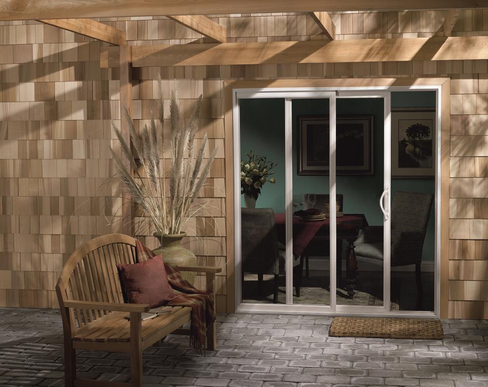 JELD-WEN 96-in x 80-in x 4-9/16-in Jamb Low-e White Vinyl Sliding Right-Hand Sliding Double Patio Door Screen Included