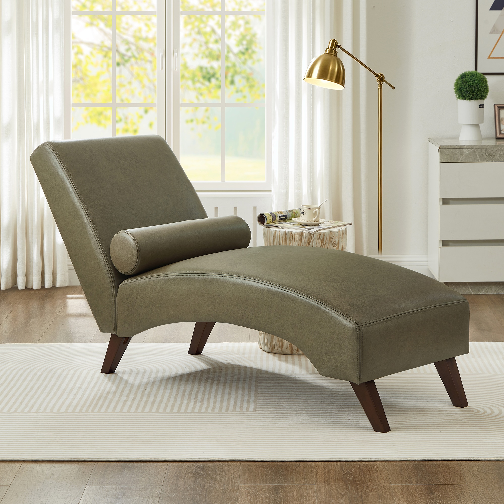 KTMBDW - Chaise Lounge Chair Indoor - Upholstered Curved Lounge Chair with Bolster Pillow and Woo...