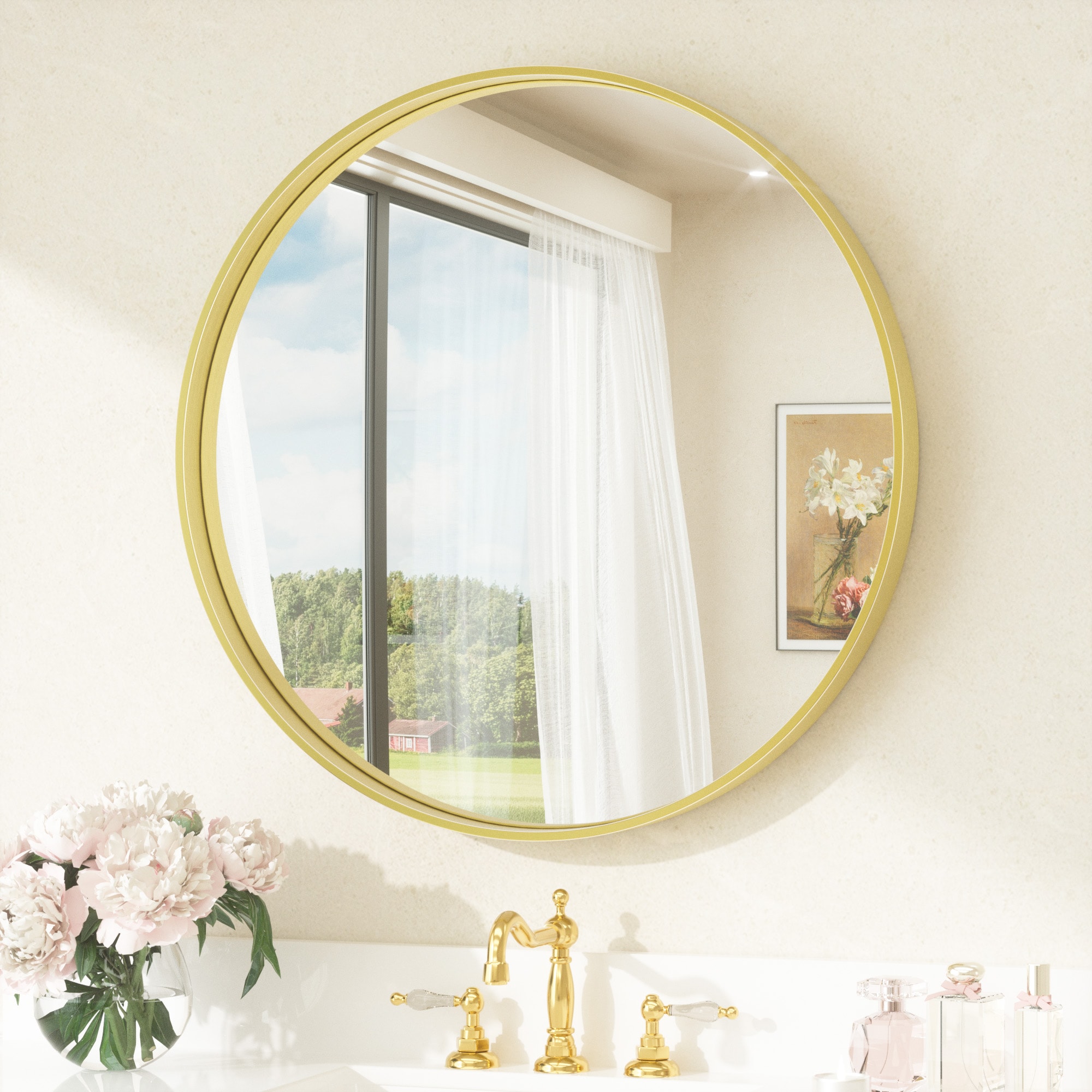 Keonjinn LW-JZ-YXJSK-R60GD Bathroom Mirrors 24-Inches W x 24-Inches H Round Brushed Gold Framed Wall Mirror