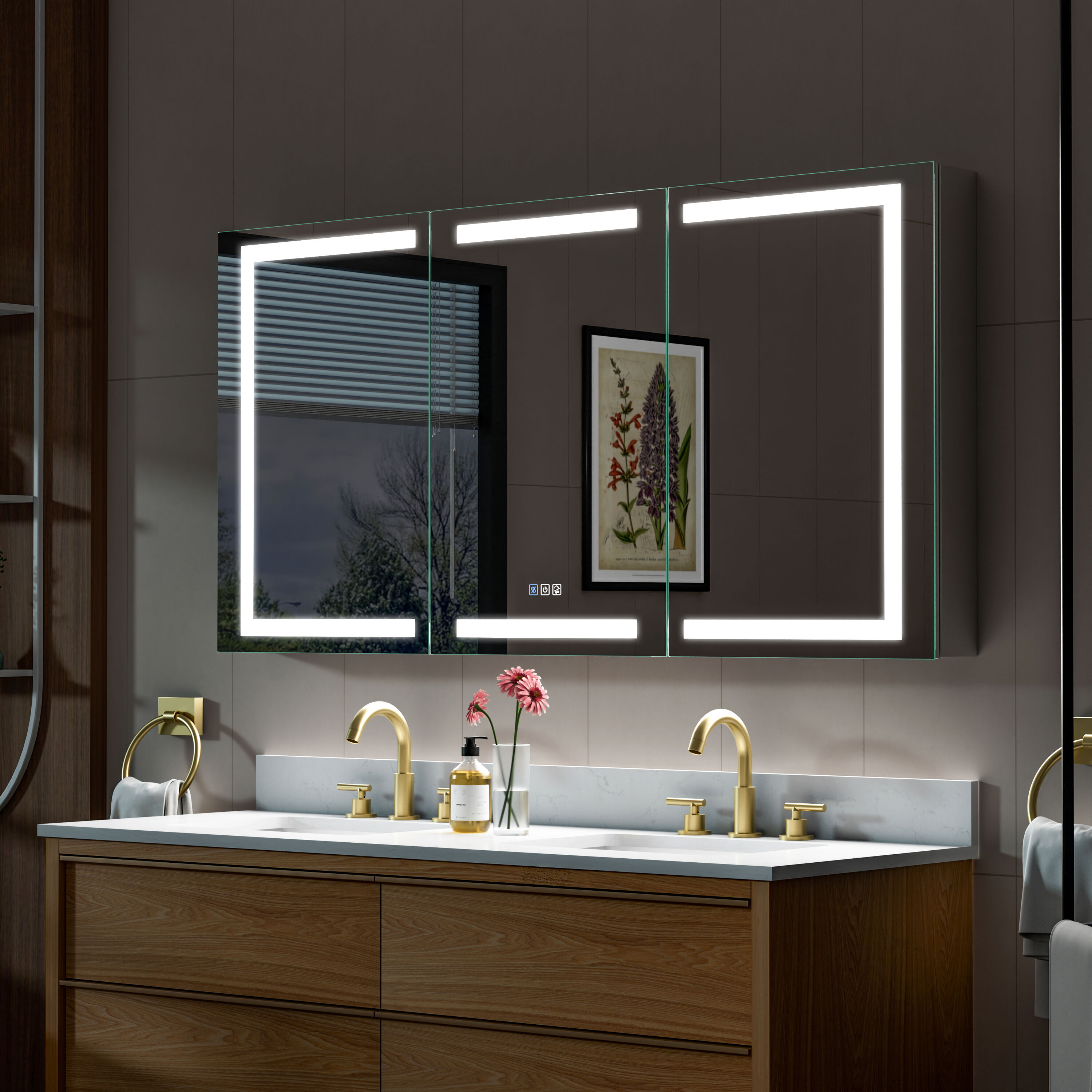 WELLFOR EX-UNBV36GR Nika LED Lighted Medicine Cabinet 60-in x 30-in Lighted LED Fog Free Surface/Recessed Mount Silver Mirrored Rectangle Soft Close Medicine Cabinet with Outlet