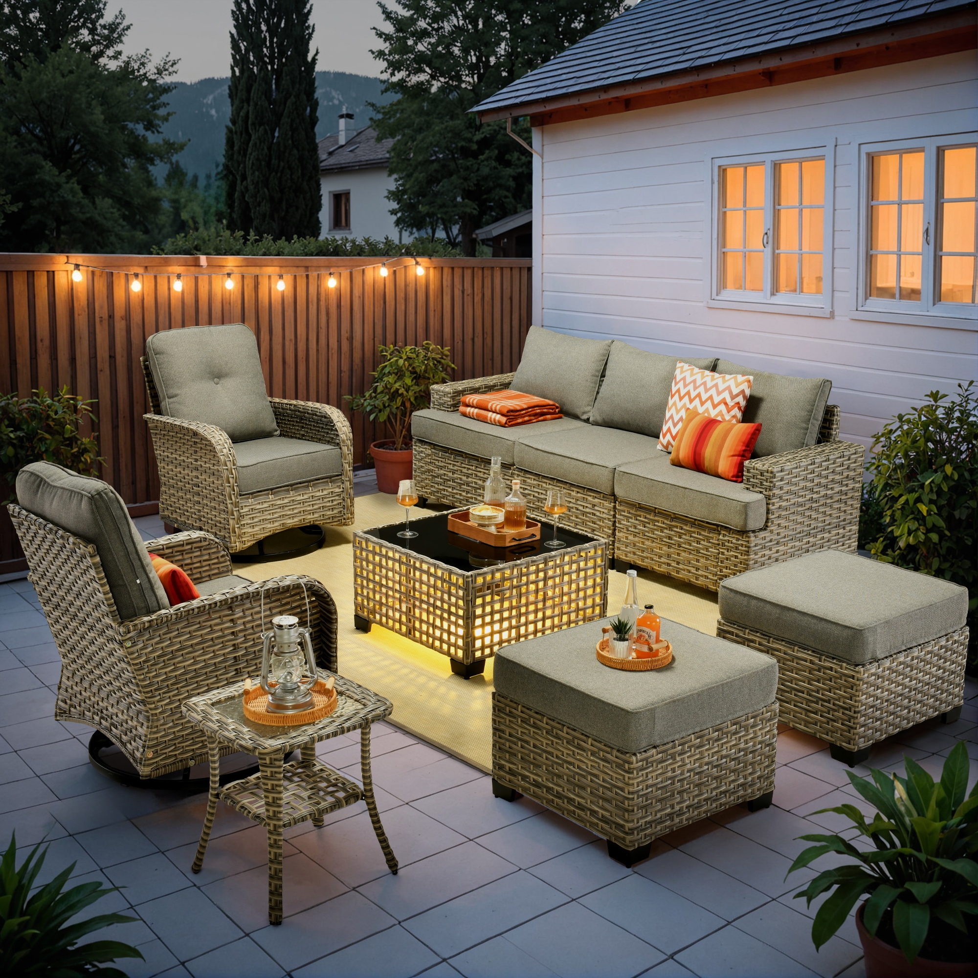 Ovios TS209YV 9 -Piece Wicker Patio Sofa Conversation Set with Dark Gray Cushions