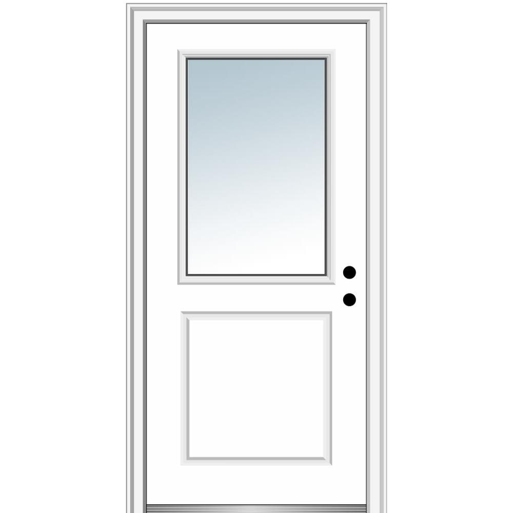 MMI DOOR ZZ365406L 36-in x 80-in x 6-9/16-in Fiberglass Half lite Left-hand inswing Primed Prehung Front Door with Brickmould Insulating core